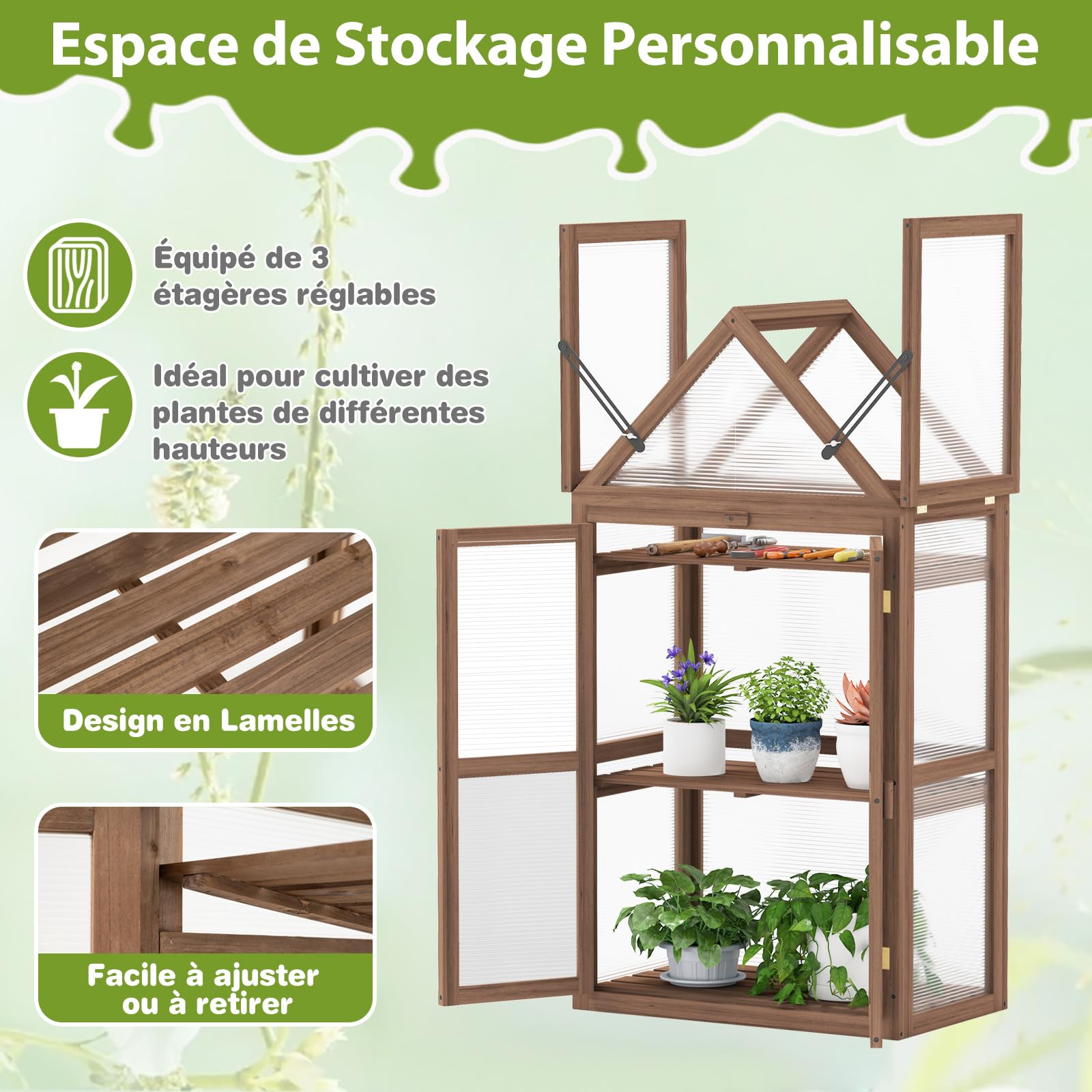 COSTWAY Serre de Jardin à 3 Niveaux en Bois de Sapin, 2 Porte Toit Ouvrant avec Étagères Réglables, Serre à Tomates Protection Transparente en Polycarbonate, 71x41x133cm, Brun