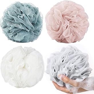 ECVV Large Bath Sponge Pouf Loofahs 4 Packs 60g/pcs Friendly Exfoliating Mesh Brush Shower Ball Exfoliate, Body Scrubber, Cleanse, Soothe Skin Bathroom Accessories Men Women Wash Cleaning