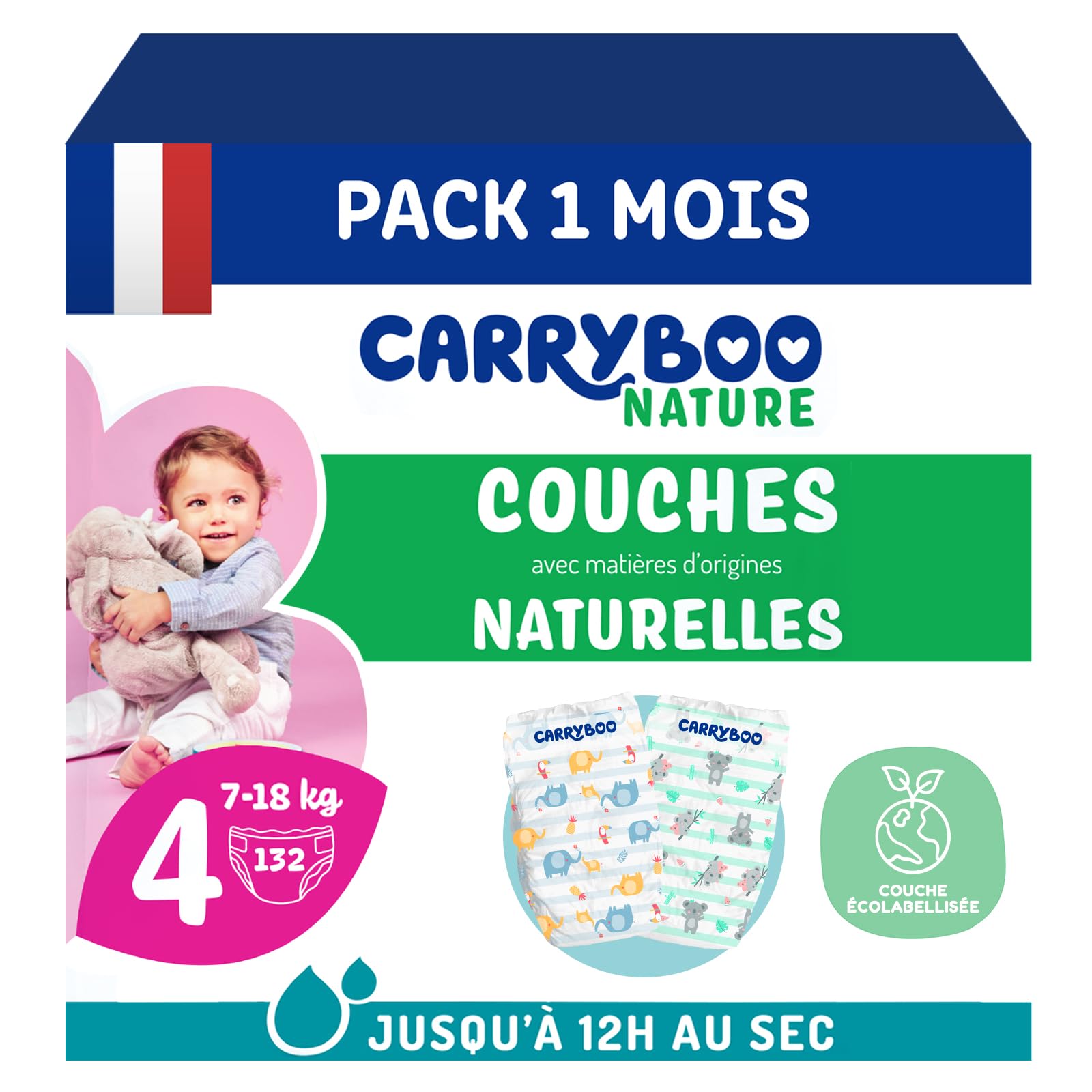 Carryboo - Pieluszki Rozmiar 4 (7-18kg) - Skóra wrażliwa - Naturalna i wysoce chłonna - 12 godzin Szczelne - Bez niepożądanych składników - Wyprodukowano we Francji - 132 pieluchy - Opakowanie 1
