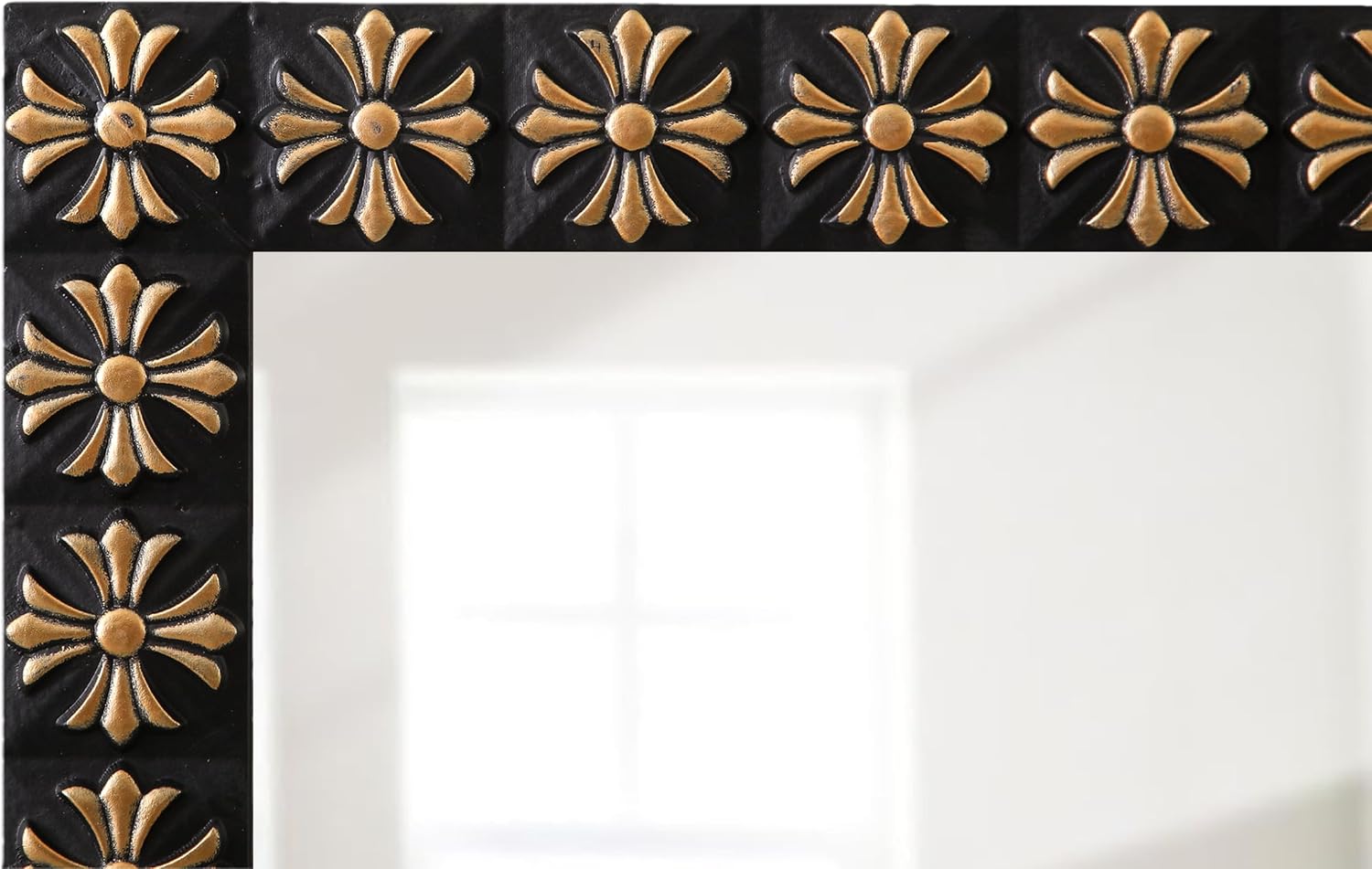 Vintage Mirrors for Wall 30 X 24 Inch, Hanging Distressed Finish Gold Floral Carved and Black Wooden Frame Rectangle Wall Mirrors for Bathroom Living Room Bedroom, Horizontal or Vertical