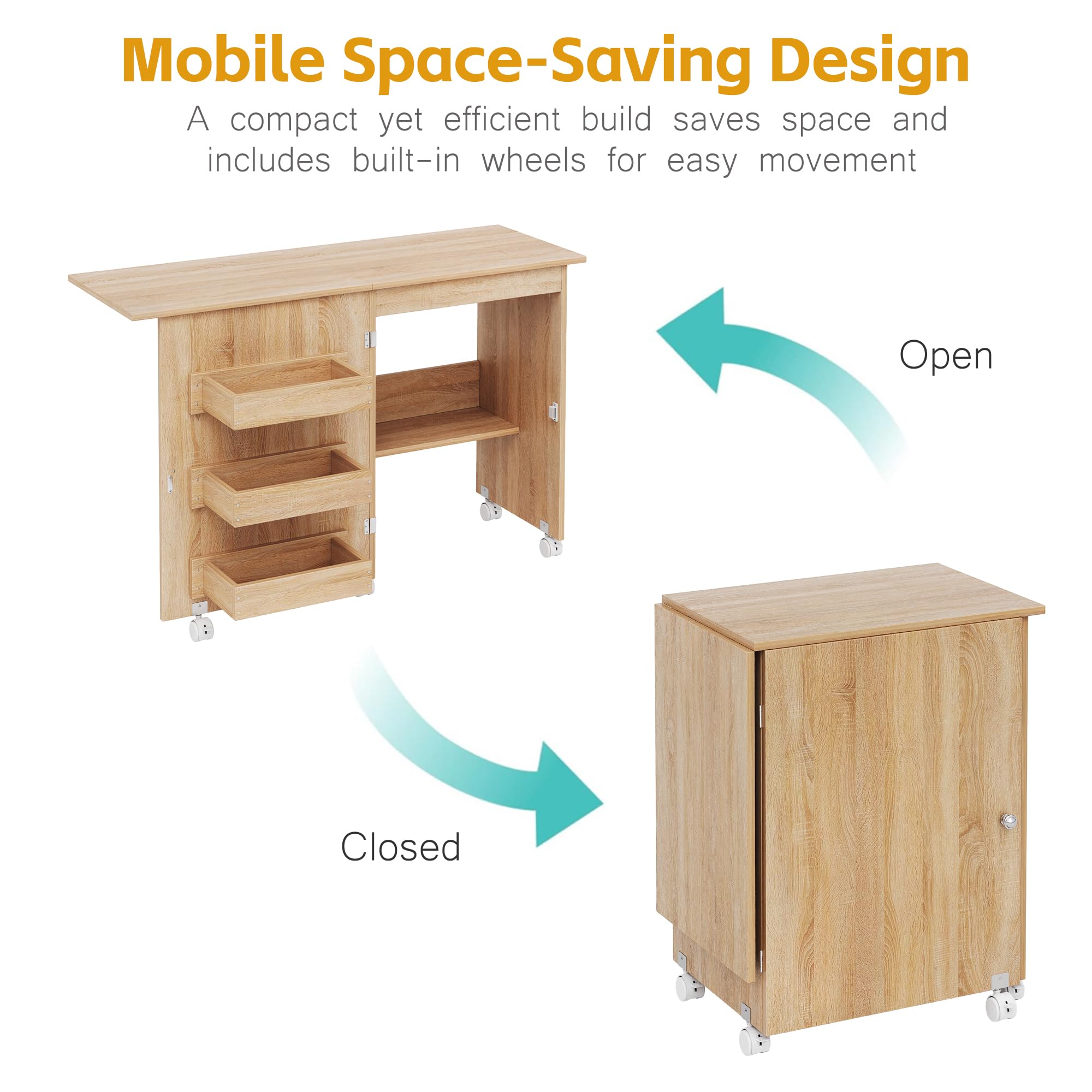 Mesa de costura plegable, estación de manualidades multiusos y escritorio lateral con diseño compacto, ruedas, estantes, contenedores, clavijas, puertas magnéticas, pomos de puerta de metal,