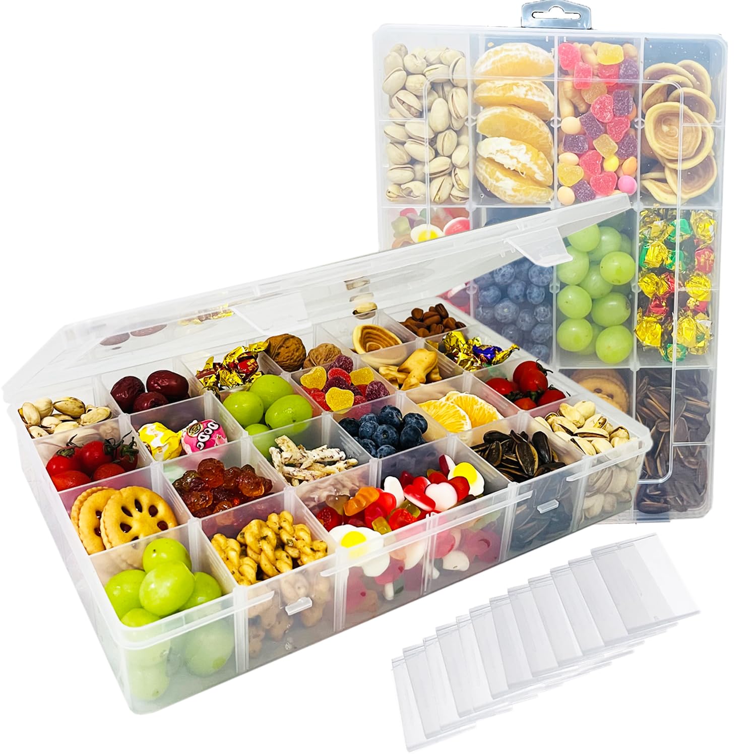 Laifu 2Pcs L 24 Grid 2 Pack Snack Box With Compartments, Plastic Stackable Organizer Container Craft Box With 24 Removable Grids Compartments For Snack, Crafts, Beads (Large, 33.7 X 22.4 X 5.8Cm)
