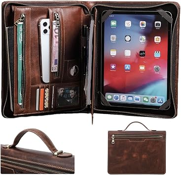 Leather Padfolio for iPad Pro 11 Inch, Portfolio with AirTag Organizer, Zipper Folio for Men Women, Genuine Leather Binder Business Resume Legal Pad Notebook for A4/Pad