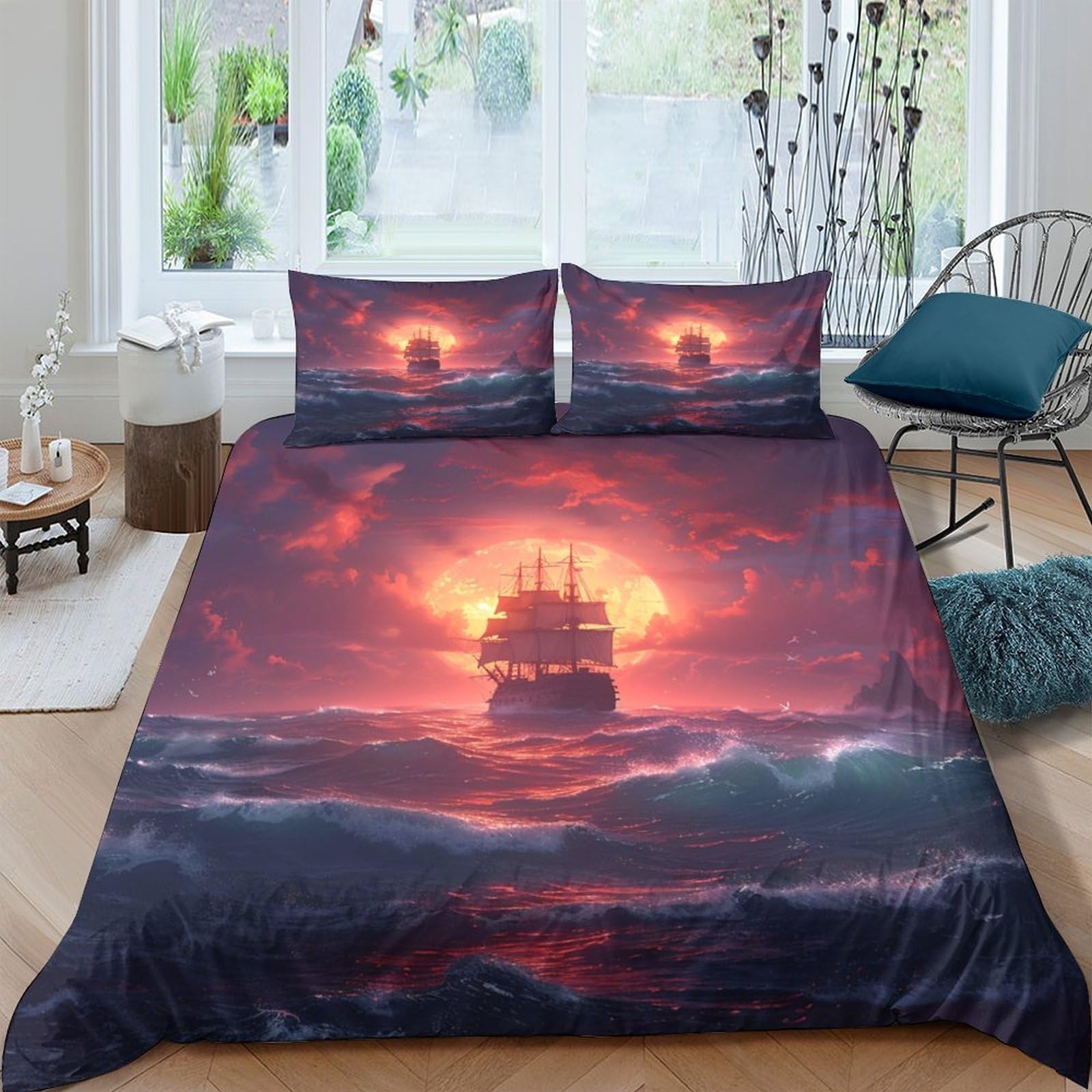 GPLZQXKJNH 3D Printed Sunset Ocean Ship Duvet Cover Microfiber Soft Breathable Pirate Sea Bedding Set with 2 Pillowcases for Bedroom Decor Single（135x200cm）