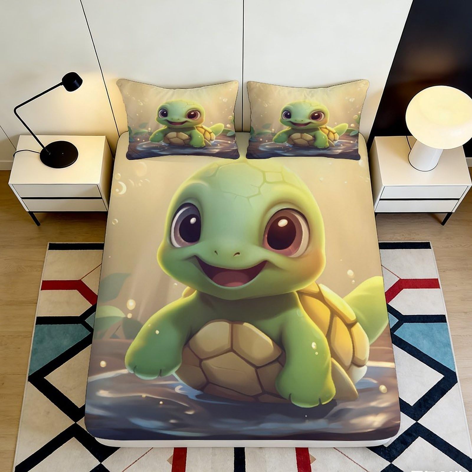 3D Printed Cartoon Turtle Fitted Sheet Microfiber Non-Slip Deep Pocket Bedroom Bedding Cartoon Turtle Mattress Fitted Cover for Adults Teens 140x200x25cm