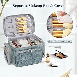 Large Makeup Bag, Portable Travel Makeup Bag Organizer for Women Girls with Makeup Brush Compartment & Two Side Pockets, Cosmetic Travel Bag Vertical Storage Toiletry - Floral Blue