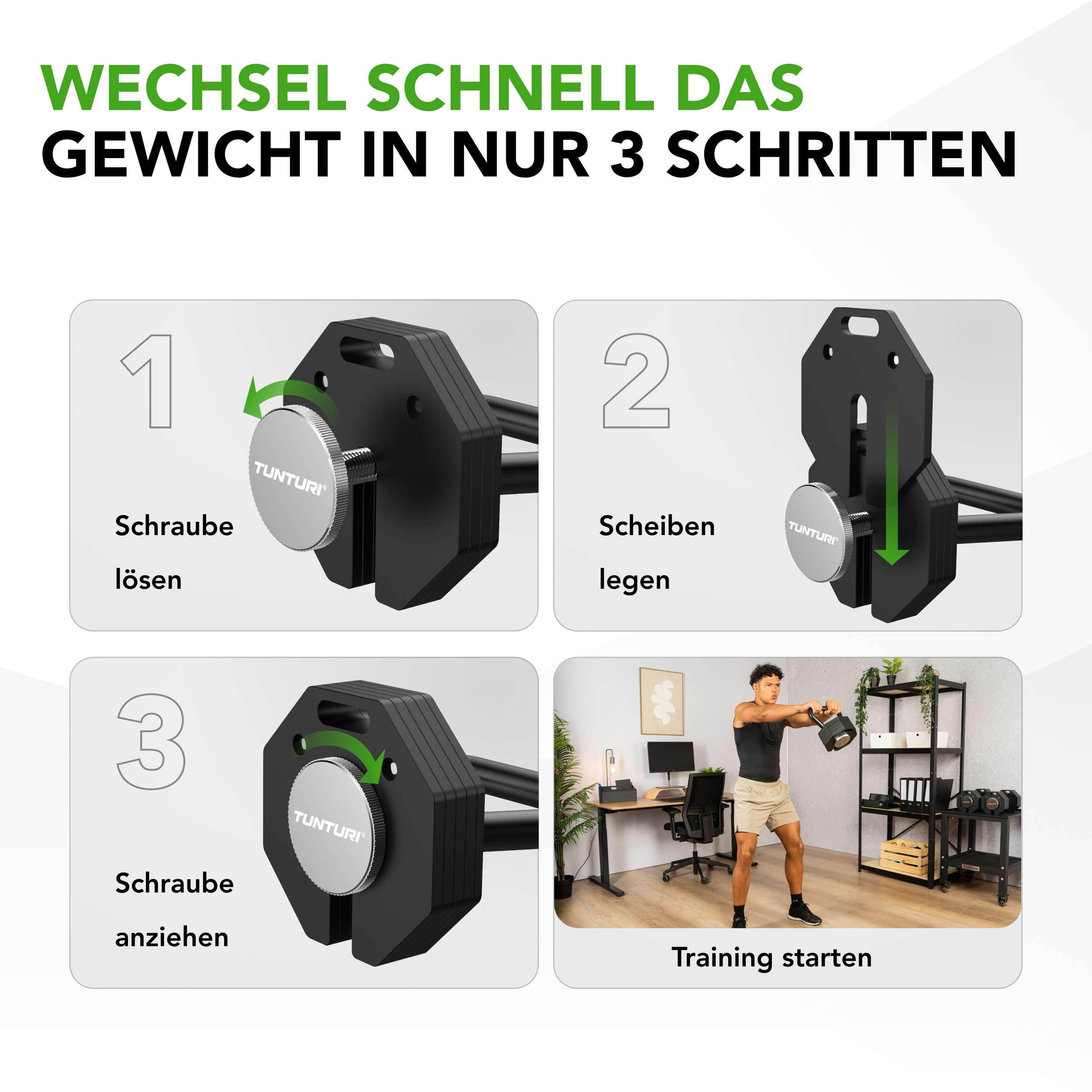 Tunturi Rapid Verstellbare Kettlebell – 3,5-kg-Kettlebellset – Verstellbar von 2,5 bis 3.5 kg – 2 Kettlebells in einem – Gewichteset für das Homegym