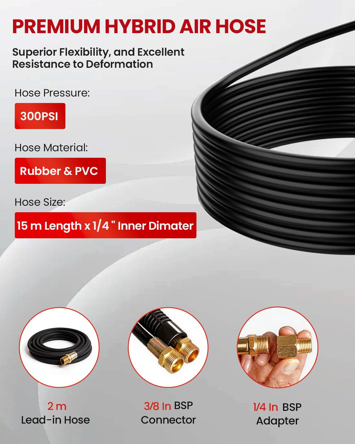 INCENDIOS Enrouleur de Tuyau d'Air 15 m, Raccord 3/8" BSP, 20 BAR, Dévidoir de Tuyau Air Comprimé Automatique avec 2 m de Tuyau d’Alimentation, Support Mural Pivotant 180°, pour Garage & Atelier