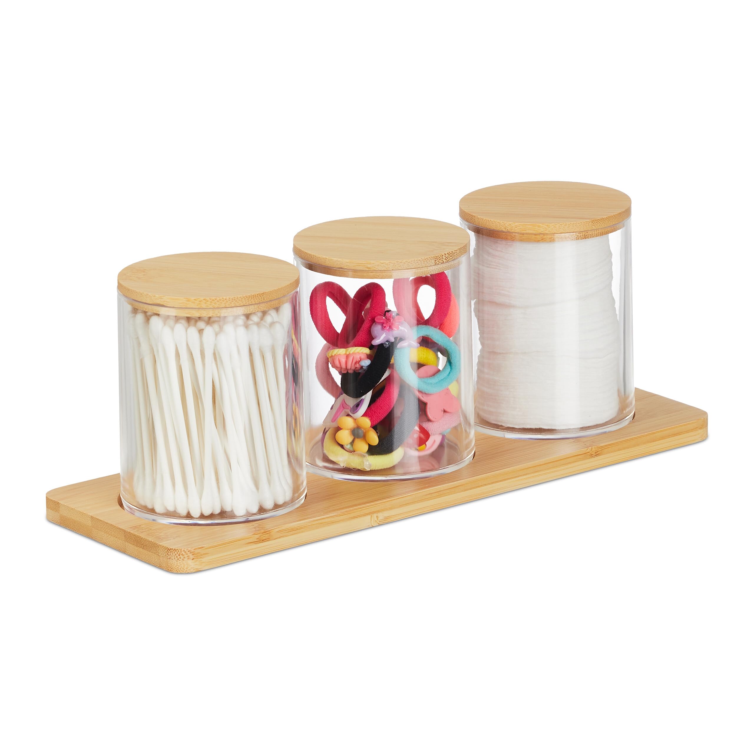 Relaxdays Bathroom Container with Tray, 3 Cups, Bamboo Lids, Cosmetic Organiser, 10 x 27 x 9 cm, Transparent/Natural