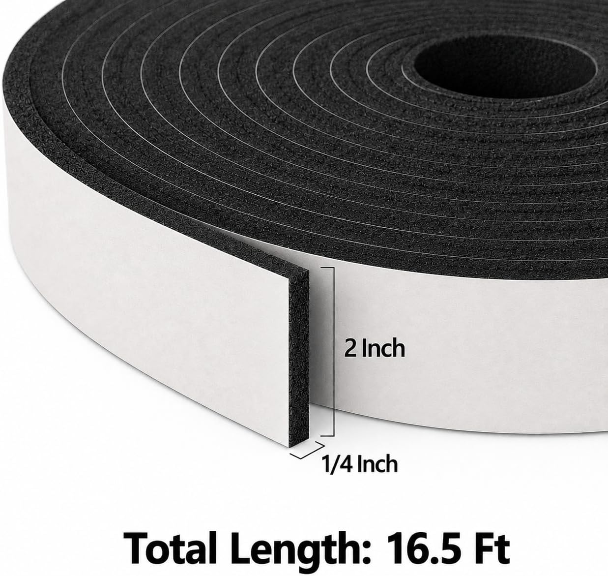 Single Sided Black Foam Weather Stripping Tape, 2" W x 1/4" T x 16.5FT