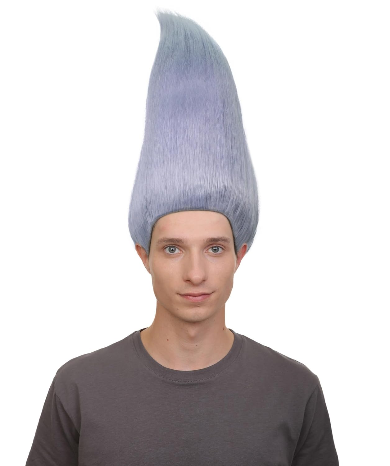 HPO Adult Men's Long Length Animated Silver Grey Party Diamond Troll Wig, Synthetic Soft Fiber hair, Perfect for your next Halloween Party and Group Anime Convention