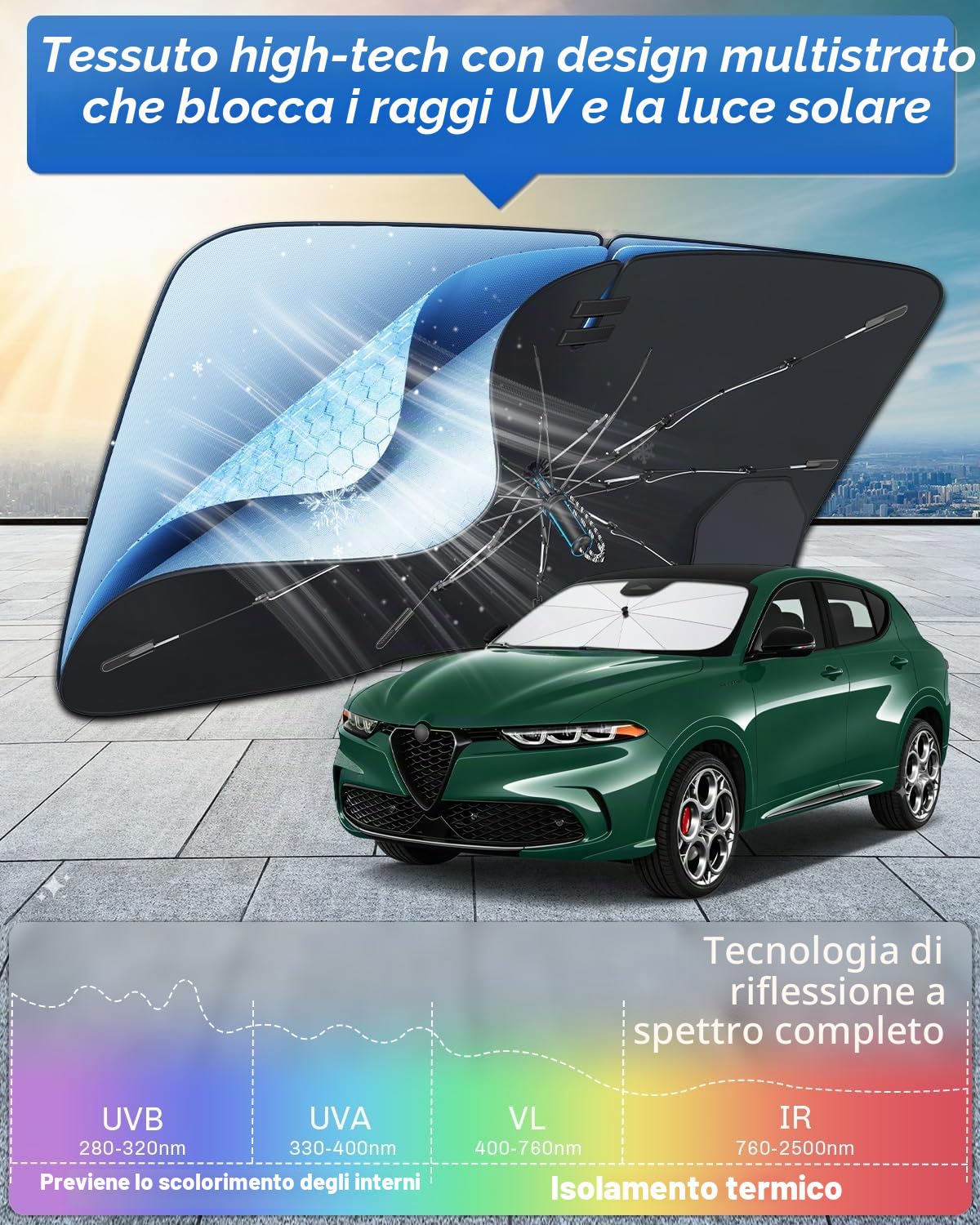 SHAOHAO Compatibile con Alfa Romeo Stelvio SUV 2017-2026 Parasole per auto Parasole per parabrezza Facile da riporre Maniglia con cordino Protezione UV Accessori parasole