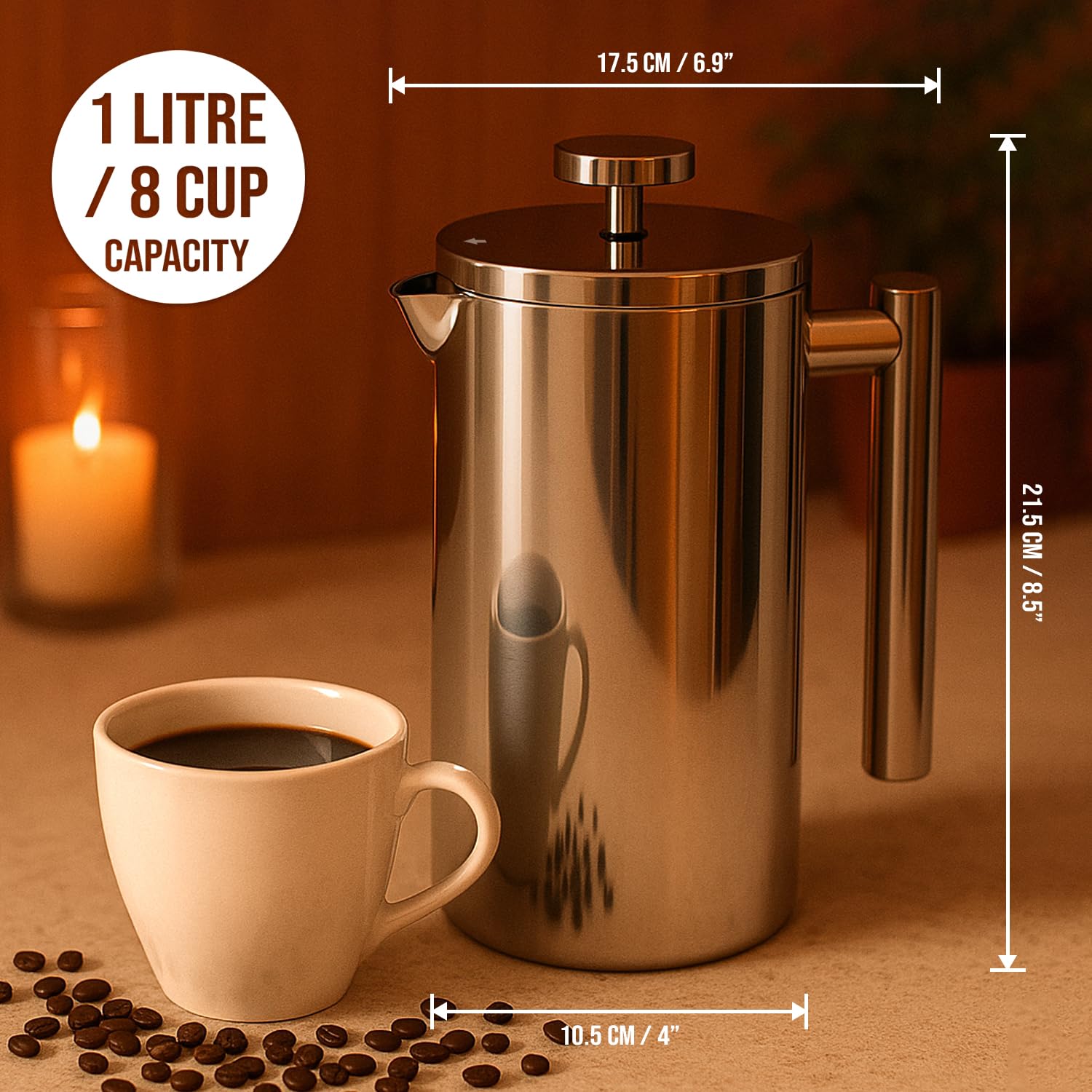 Red Ember Prasa francuska ze stali nierdzewnej 1L Cafetiere – Ekspres do kawy z podwójną ścianką izolacyjną, nietłukący się i odporny na rdzę z 3-warstwowym filtrem dla gładkiego, bogatego naparu