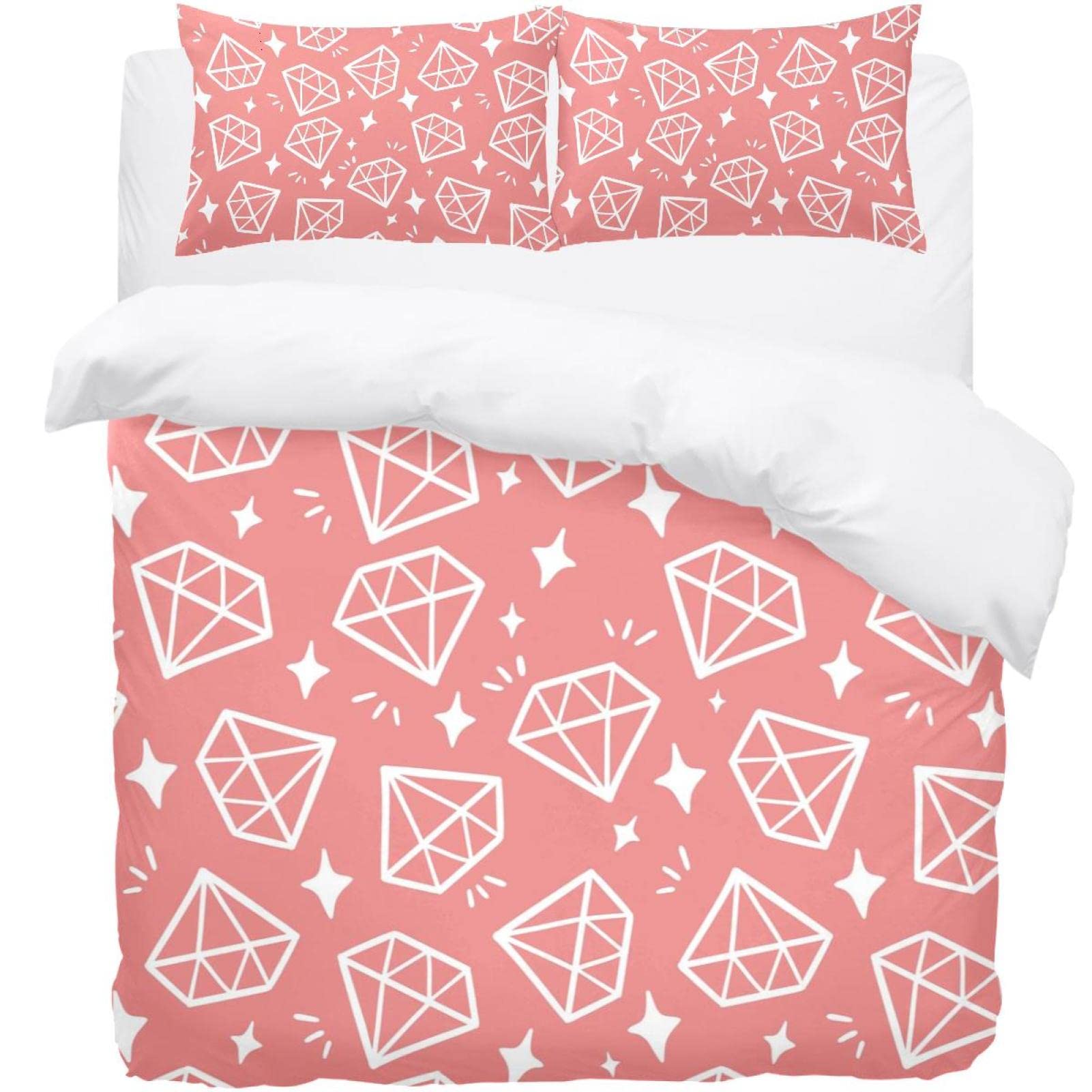 Parure de lit motif étoiles et diamants blancs avec housse de couette et 2 taies
