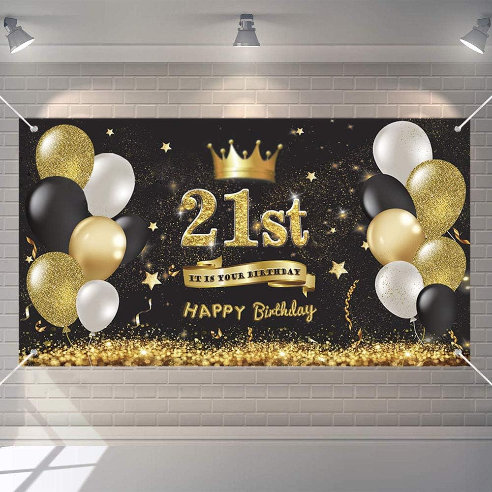 21st Birthday Black Gold Party Decoration, Birthday Backdrop Banner, Large Fabric Sign Poster 21th Happy Birthday Party Supplies, 21st Anniversary Backdrop Banner Photo Booth Background