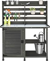 GDLF Large Outdoor Potting Bench Table - Metal Galvanized Top Workstation with Storage Cabinet, Shelf, Hooks, Dark Grey Fir Wood 45.3"