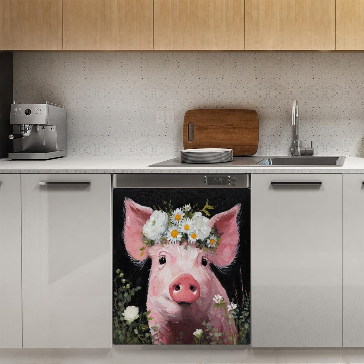 Mexpekil Adesivo decorativo per lavastoviglie con fiori rosa, 58 x 66 cm, adesivo decorativo per lavapiatti per porta d'ingresso, impermeabile, per pannello elettrodomestico da cucina, decalcomania