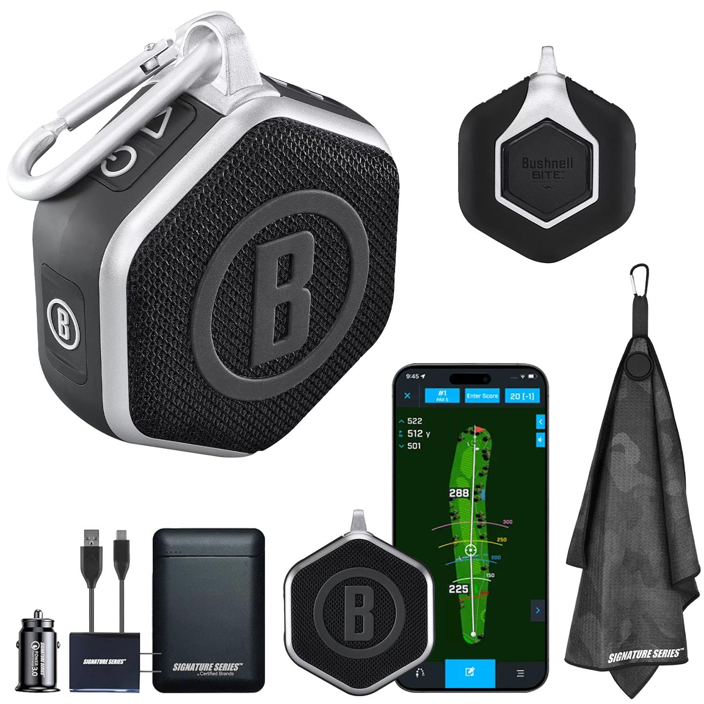 Bushnell Golf Wingman Mini GPS Speaker (Black/Silver) | Magnetic Mount, Music & Audible Distances for 38,000+ Courses, Carabiner Clip, Waterproof, 36-