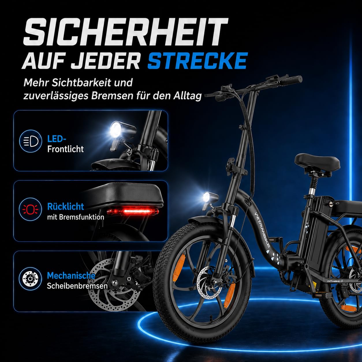 WITAMBIKE C16 E Bike Klapprad 20 Zoll für Herren Damen, 250W Pedelec, 48V 16Ah Akku bis 100 km, Fatbike Elektrofahrrad für Pendeln und Reisen, 7-Gang, Federgabel, Scheibenbremsen