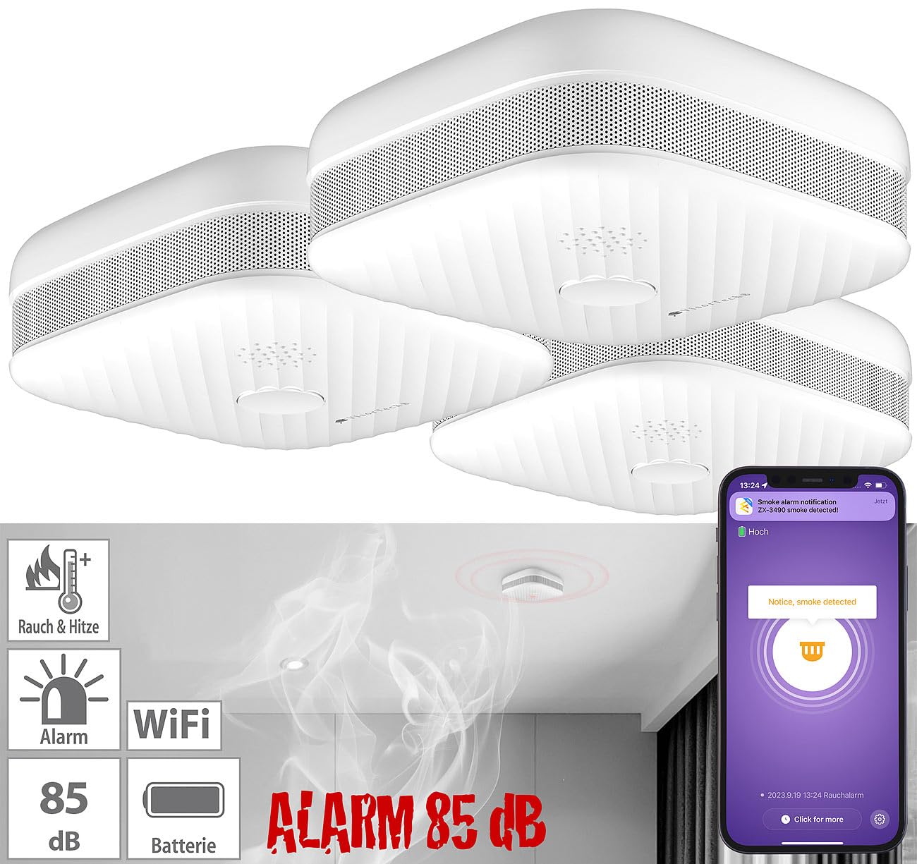 VisorTech Smart Rauchmelder: 3er-Set WLAN-Rauch- & Hitzemelder mit weltweiter App-Benachrichtigung (Rauchmelder mit Benachrichtigung, mit App Steuerung, Home)