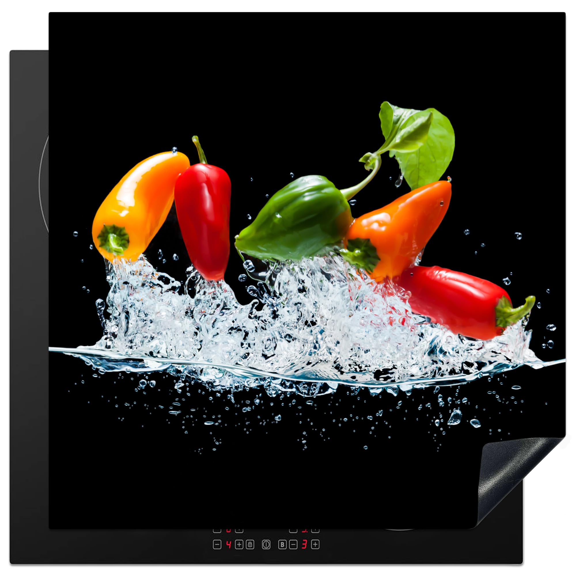 KitchenYeah© Induction Hob Cover Protector Mat 30.7"x30.7" / 78x78 cm Kitchen Universal Ceramic Covers for Electric Cookers Vinyl Chillies - Black - Vegetables - Water - Leaf — image 1