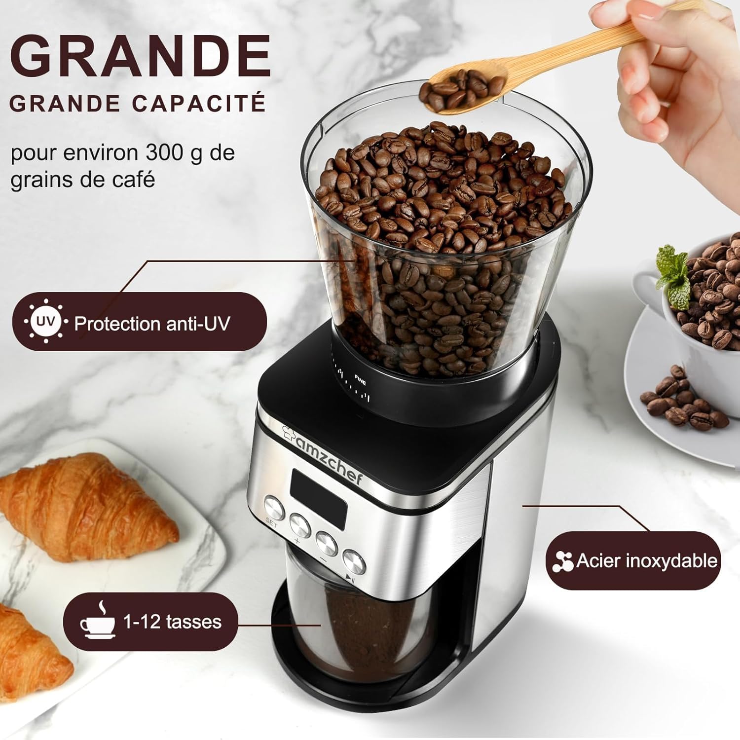 AMZCHEF Moulin à Café Electrique 160 W | 30 Réglages de mouture grossière à fine | 1-12 Tasses ou jusqu'à 40 secondes | Capacité de 300 g | Moulin a cafe en écran LCD et Minuterie Numérique | Argent