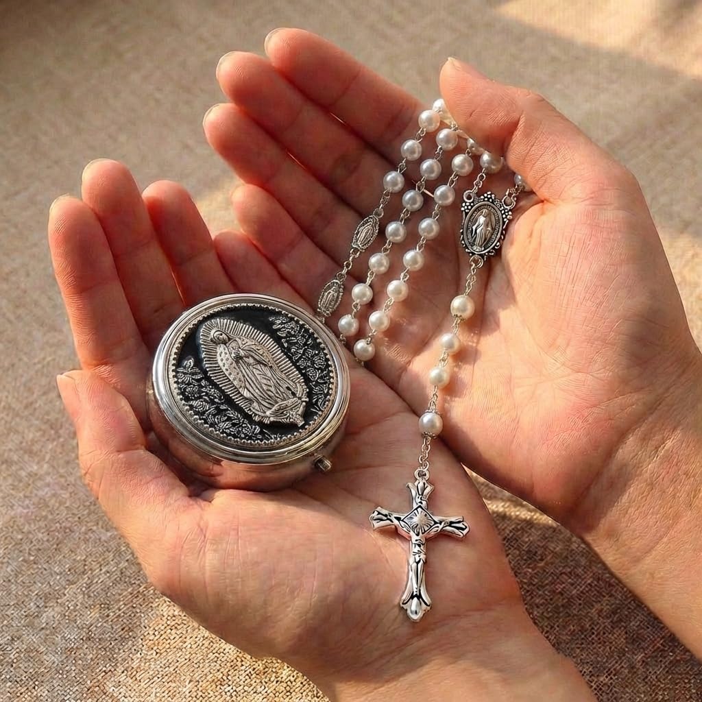 6mm Glass Pearl Catholic Rosary for Men and Women: Our Lady of Guadalupe Icon/O Mary Conceived Without Sin Pray for Us/Black Hematite Beads with St. Benedict Medals,Crucifix Centerpiece & Premium Metal Gift Box,Timeless Spiritual Treasure - Image 5