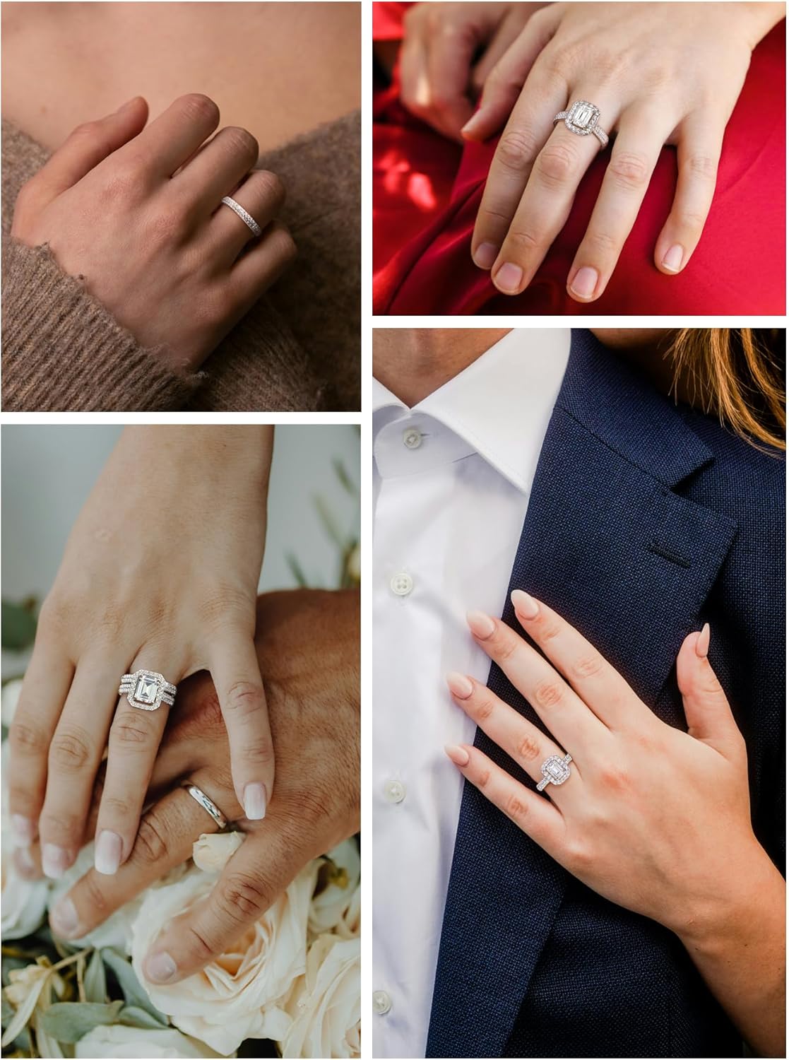 KSTYLE Total 3-4ct Center Stone 1/2/3ct Moissanite Wedding Set Rings for Women (D Color-VVS1 | Emerald/Round Cut) 14K White Gold Plated S925 Sterling Silver Bridal Sets for Wife