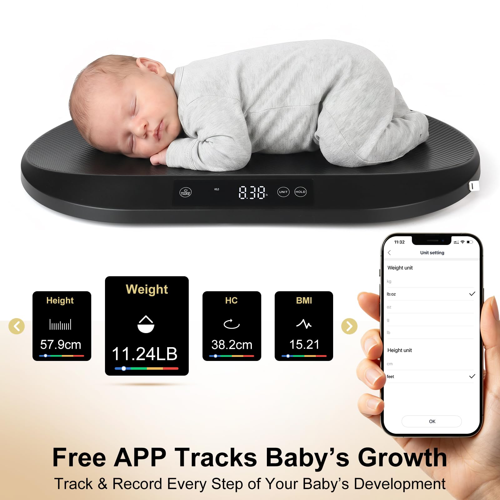 YauYik Balance numérique intelligente précise avec application pour suivre la croissance de bébé, nourrisson, chiot et chat, animal de compagnie jusqu'à 40 kg, avec fonction de maintien, mesure de