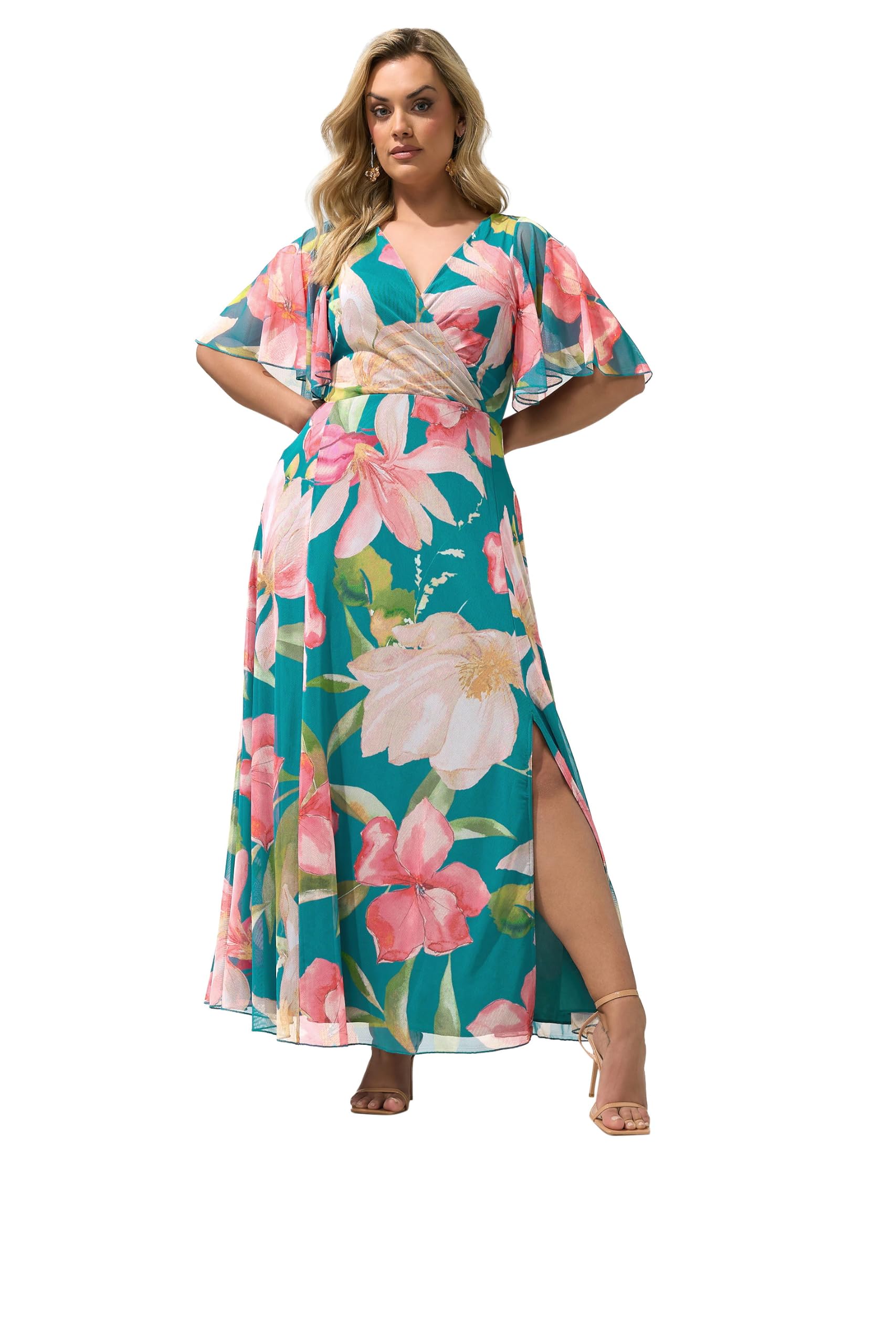 Yours London Curve Floral Print Maxi Wrap Dress - Women's - Plus Size Curve Teal
