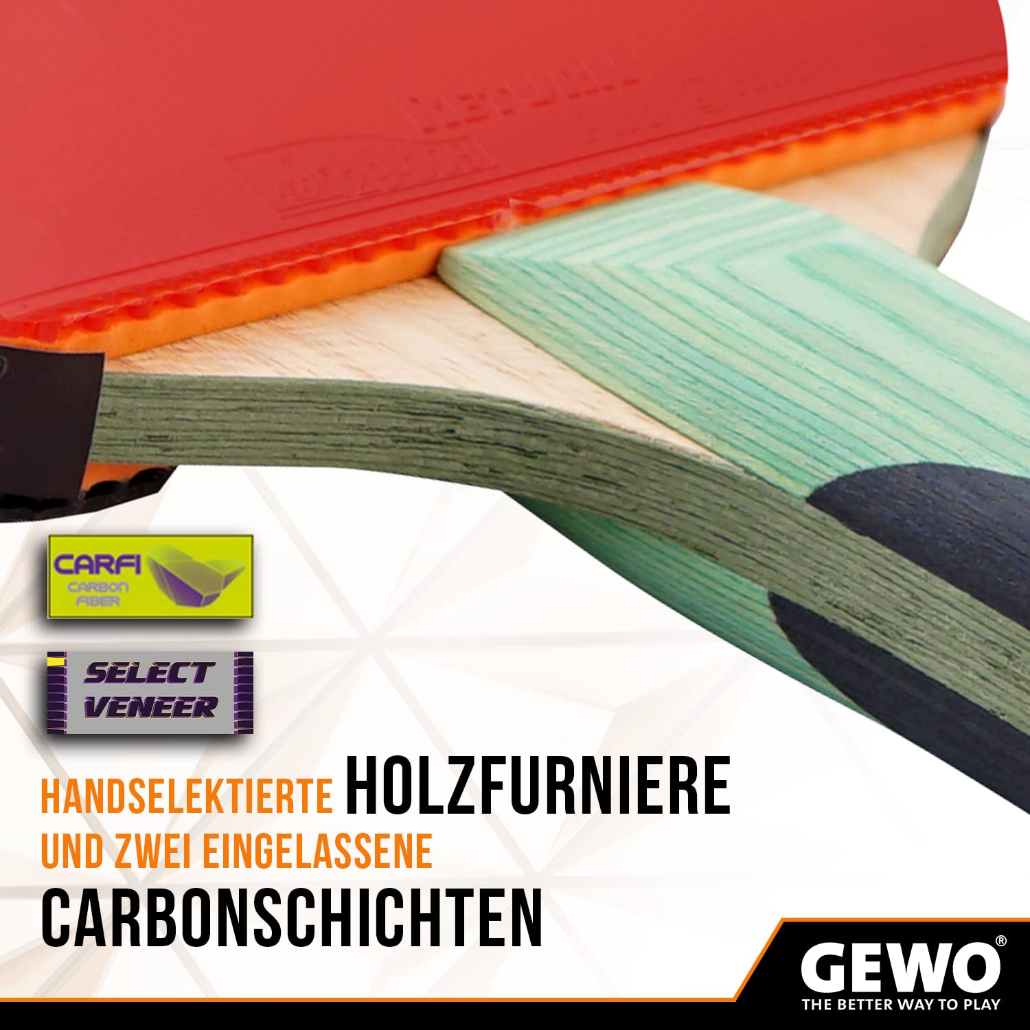 GEWO CS Energy Carbon Pro rakieta do tenisa stołowego - atest ITTF - rakieta węglowa z kontrolowaną powłoką i wysokimi właściwościami obrotowymi, wklęsła, gąbka 2 mm