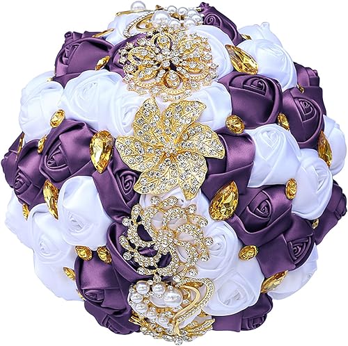 Jellybro Ramos de boda hechos a mano para novia, dama de honor, ramo de rosas artificiales de satén de lujo, ramo de despedida de soltera