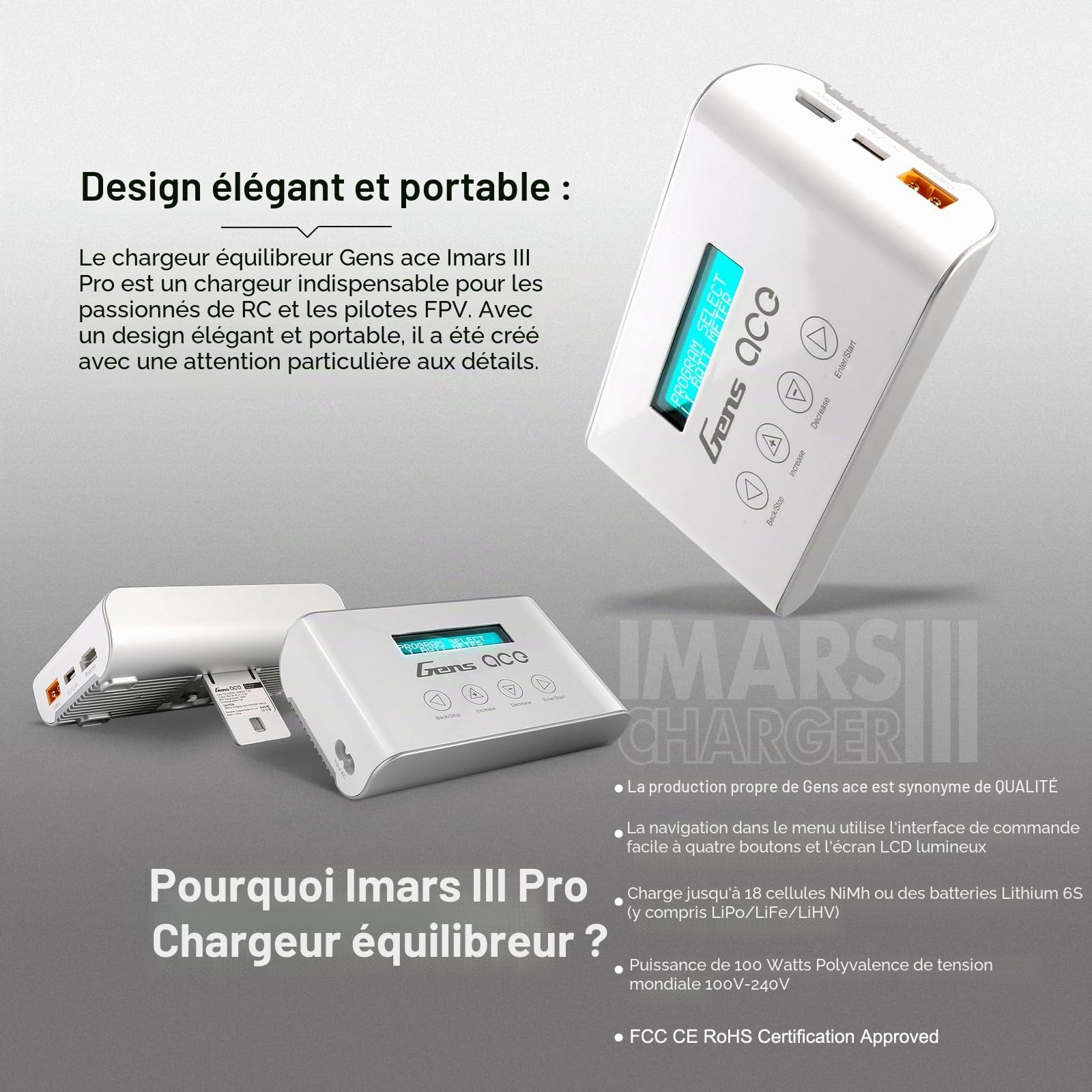 Gens ace IMARS III Pro 100 W 100 W 10 A Chargeur LiPo avec écran LCD pour batteries LiPo 2-6S, batterie Lipo RC Hobby Chargeur