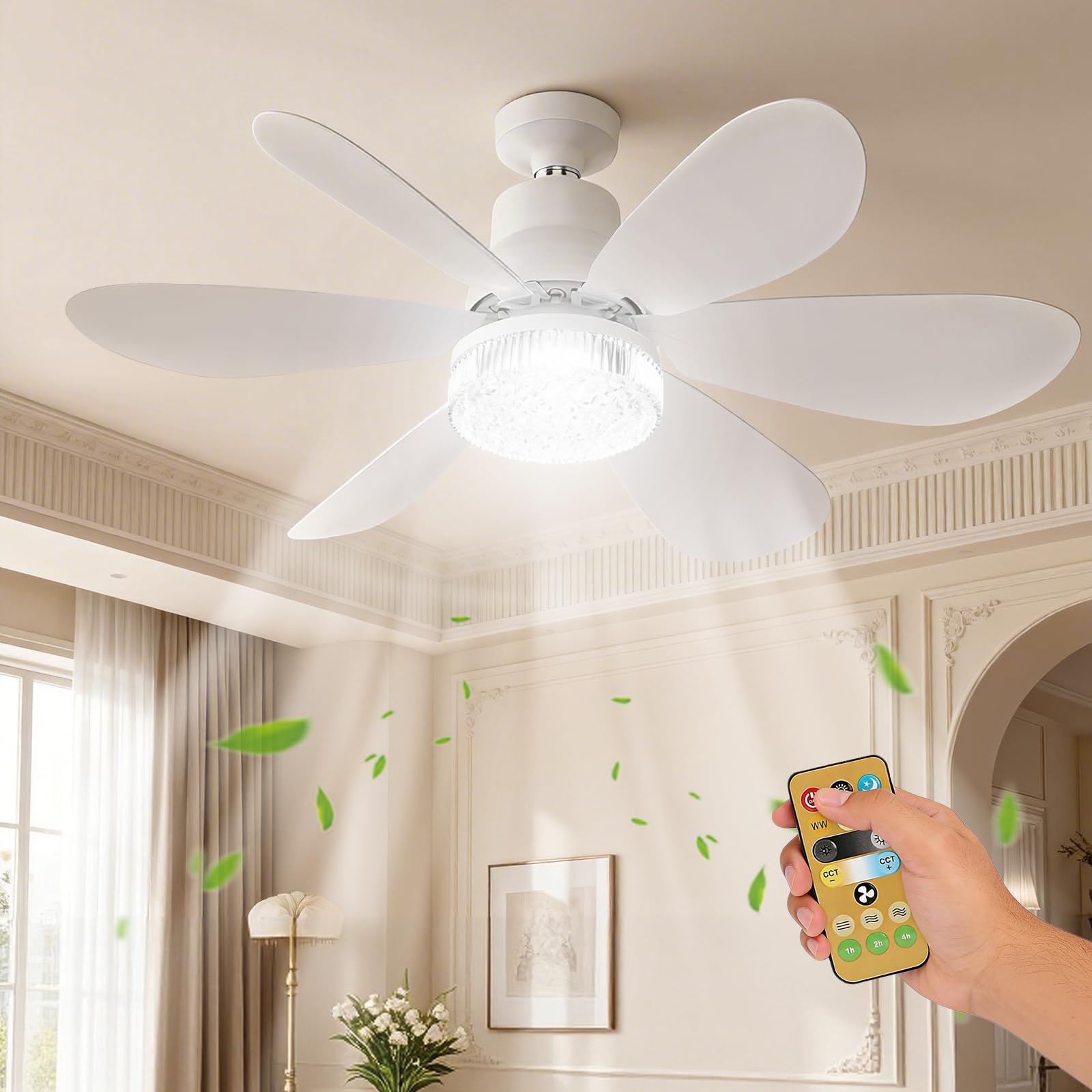 Ventilador de Techo con Luz y Mando a Distancia, 52cm LED Lampara Ventilador Techo Pequeño con 40W E27 Lampara, 3 Temperaturas de Color, 3 Velocidades, Temporizador, Apto para Dormitorio (Blanco)