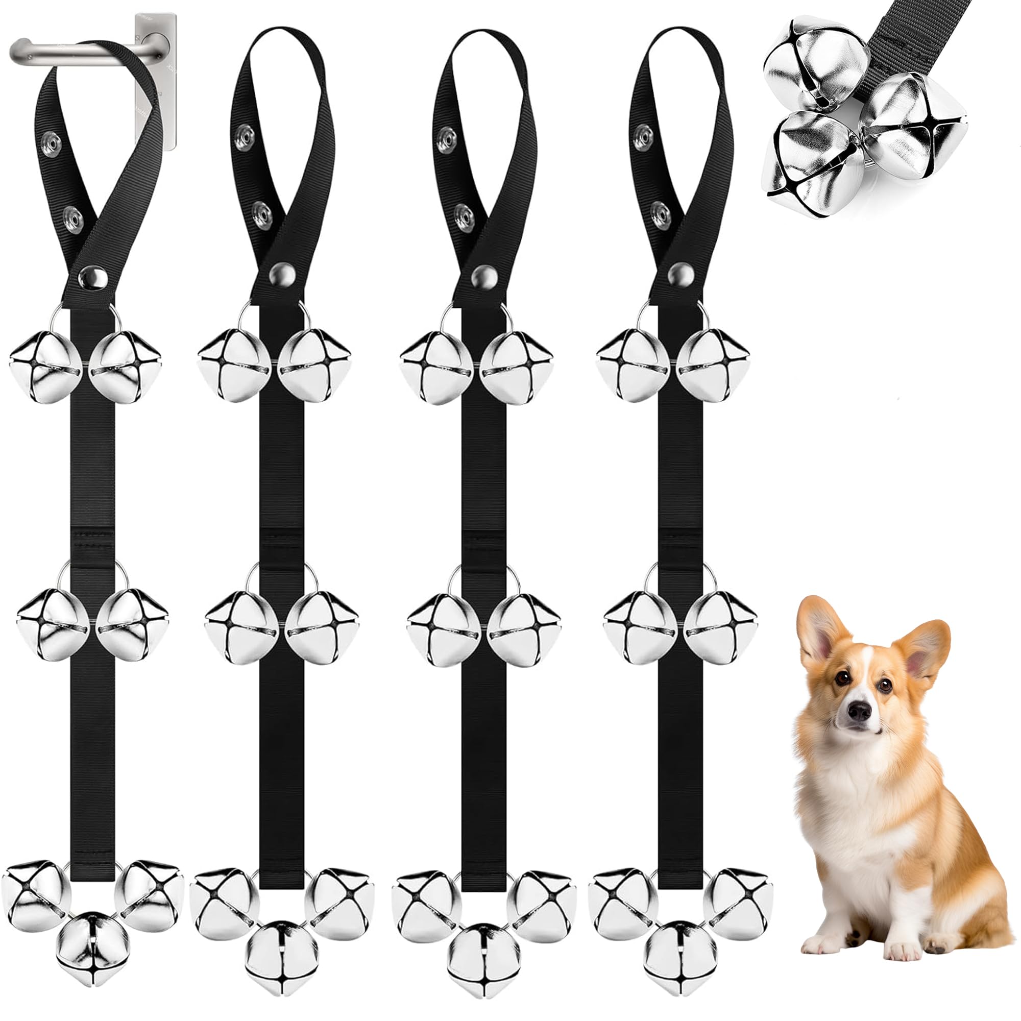 YueXing Dog Potty Bells for Door, Adjustable Training Bells with Chew-Resistant Rope, 7 Loud Stainless Steel Bell Toilet Signal for Puppy Housebreaking and Scratch-Free Door Protection(4pcs)