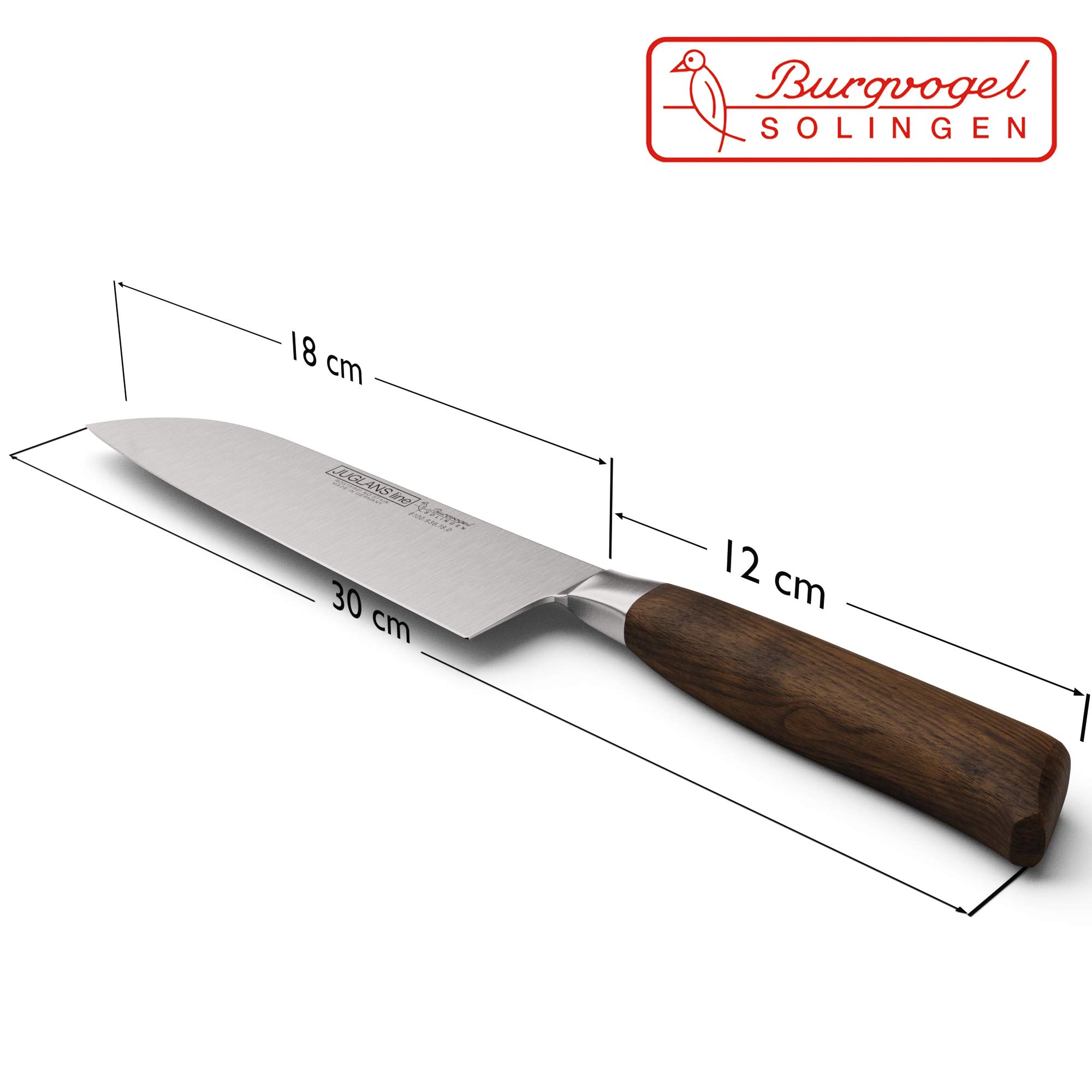Burgvogel Solingen Juglans Line Santokumesser Walnussholz 18 cm, rostfrei, Japanisches Kochmesser scharf geschmiedet, dunkel, premium, klein, Braun Rot