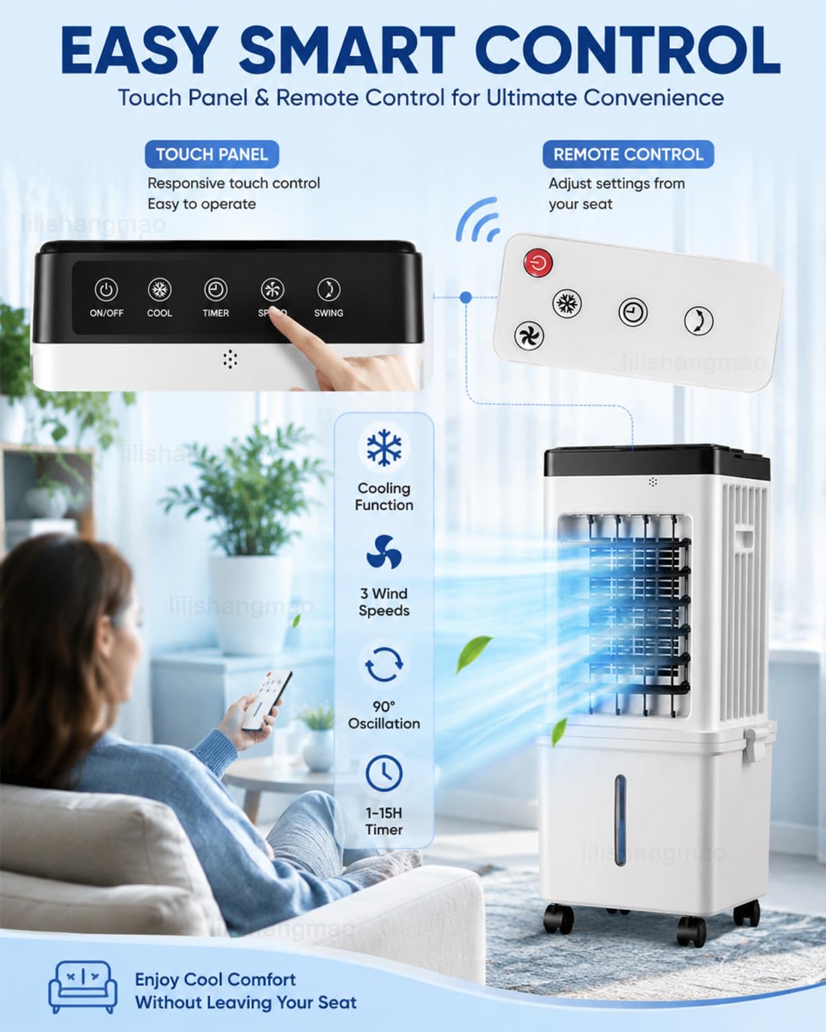 Climatizador Portátil 3 En 1, Aire Acondicionado Sin Tubo con Depósito 15L, 4 Acumuladores De Frío, Mando A Distancia, Panel Táctil, Temporizador 15h, 3 Velocidades para Oficina