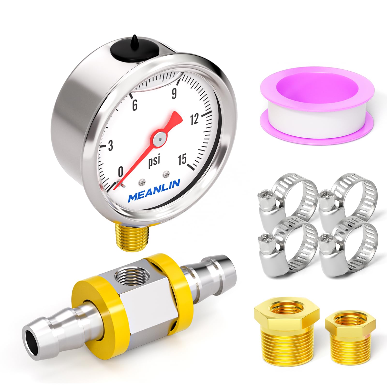 MEANLIN MEASURE 0-15Psi Stainless Steel Glycerin Filled Pressure Gauge 1/8" NPT 1.5" Face Dial, Lower Mount