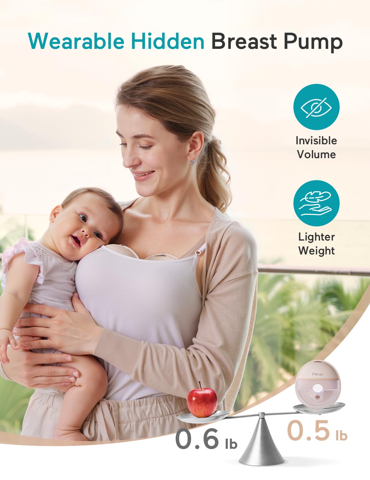Paruu Hands Free Breast Pump P16, Wearable Breast Pump Electirc Portable with 4 Modes & 12 Levels, Max 309mmHg Strong Suction 19/21/24mm Flange Inserts Wearable Breastfeeding Pump, 2 Pack（Nude