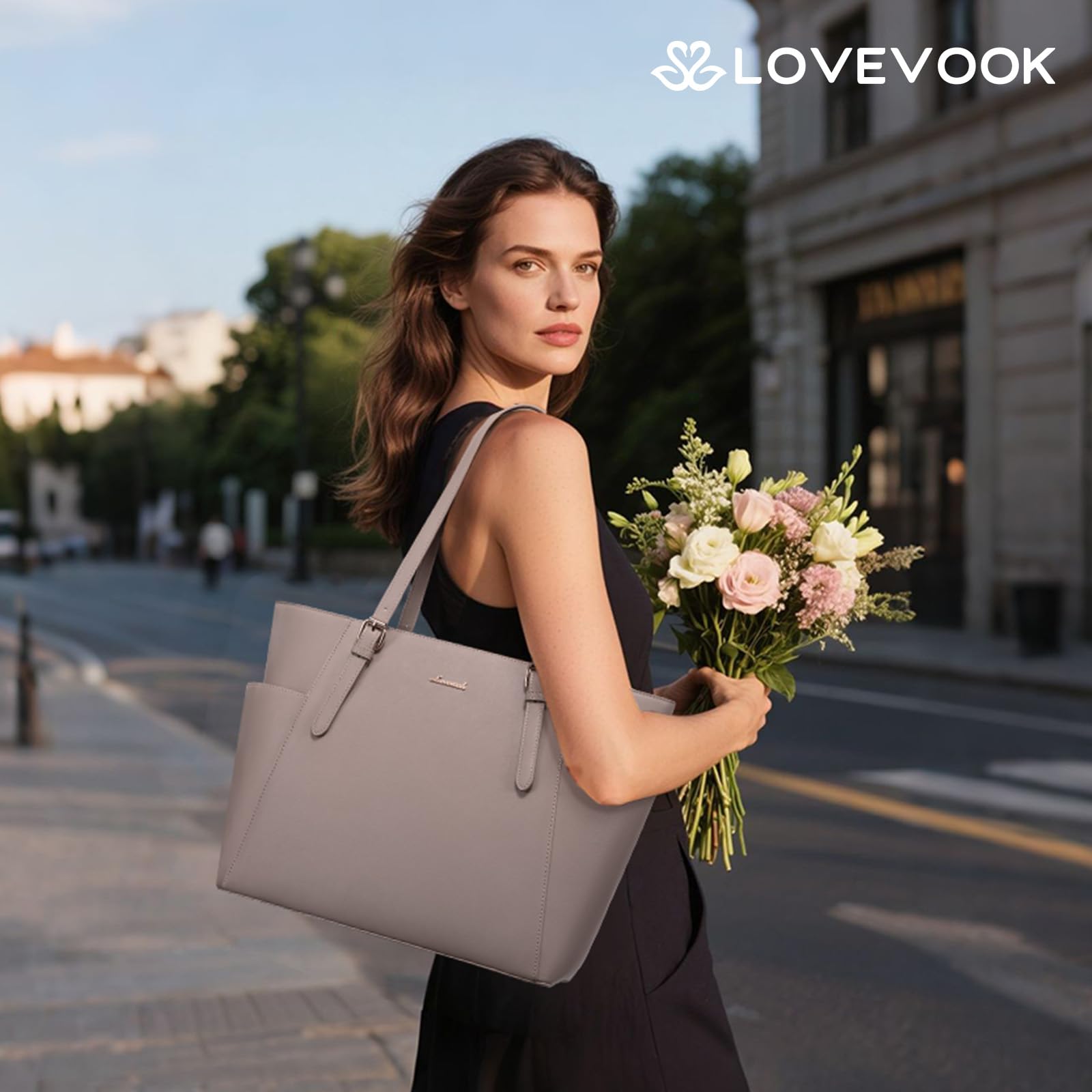 LOVEVOOK Sac à Main Femme Grand Format, Pochette Travail en Cuir PU, Ordinateur Portable, Grande Poche Bouteille Extérieure, Professeur, Business, Cabas Élégant pour Université, Bureau, Voyage