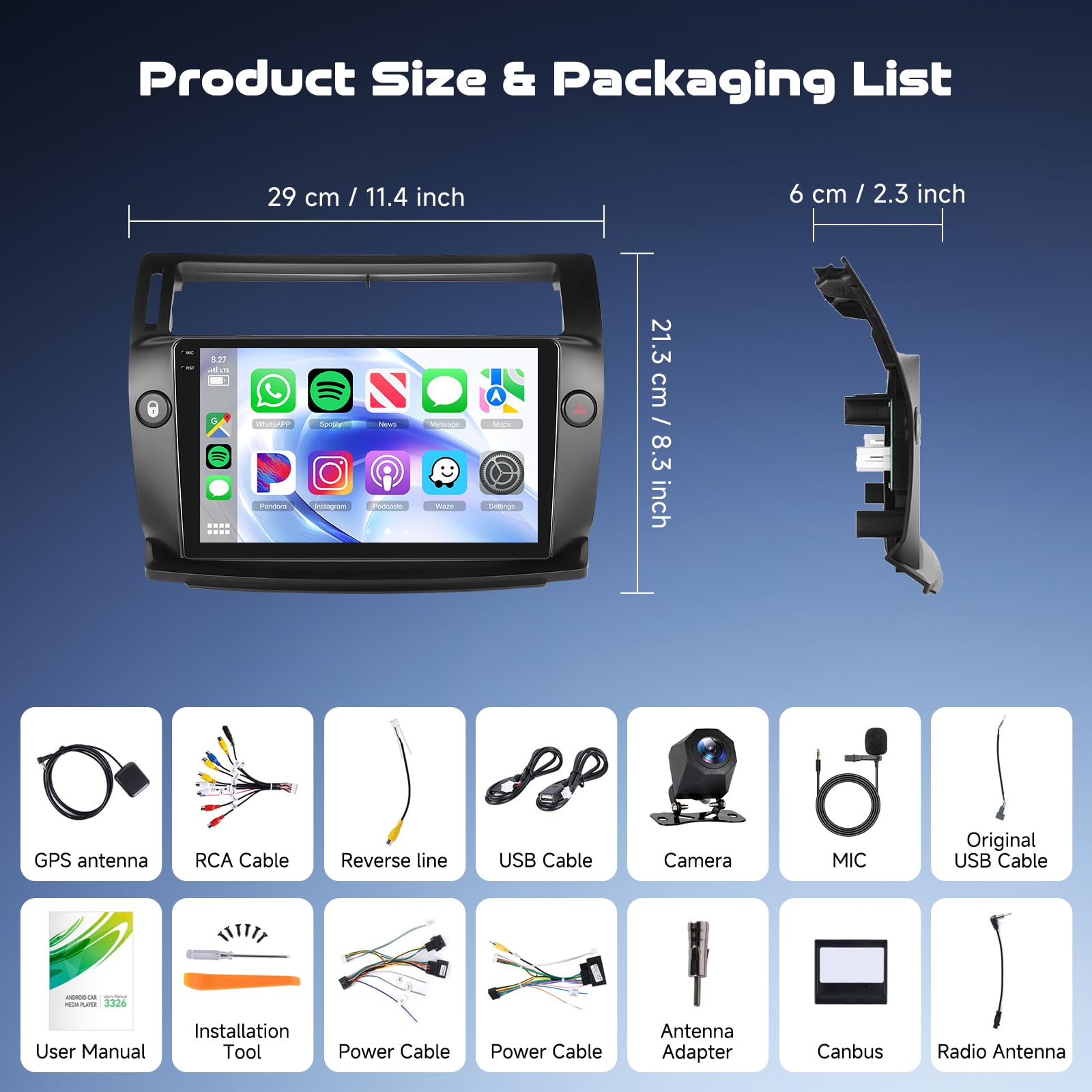 Autoradio 4+64G pour Citroën C4 (2004-2010), Android 15 stéréo de Voiture avec écran Tactile in-Cell 9 Pouces 720 * 1280P, Compatible CarPlay et Android Auto, FM, Bluetooth, WiFi