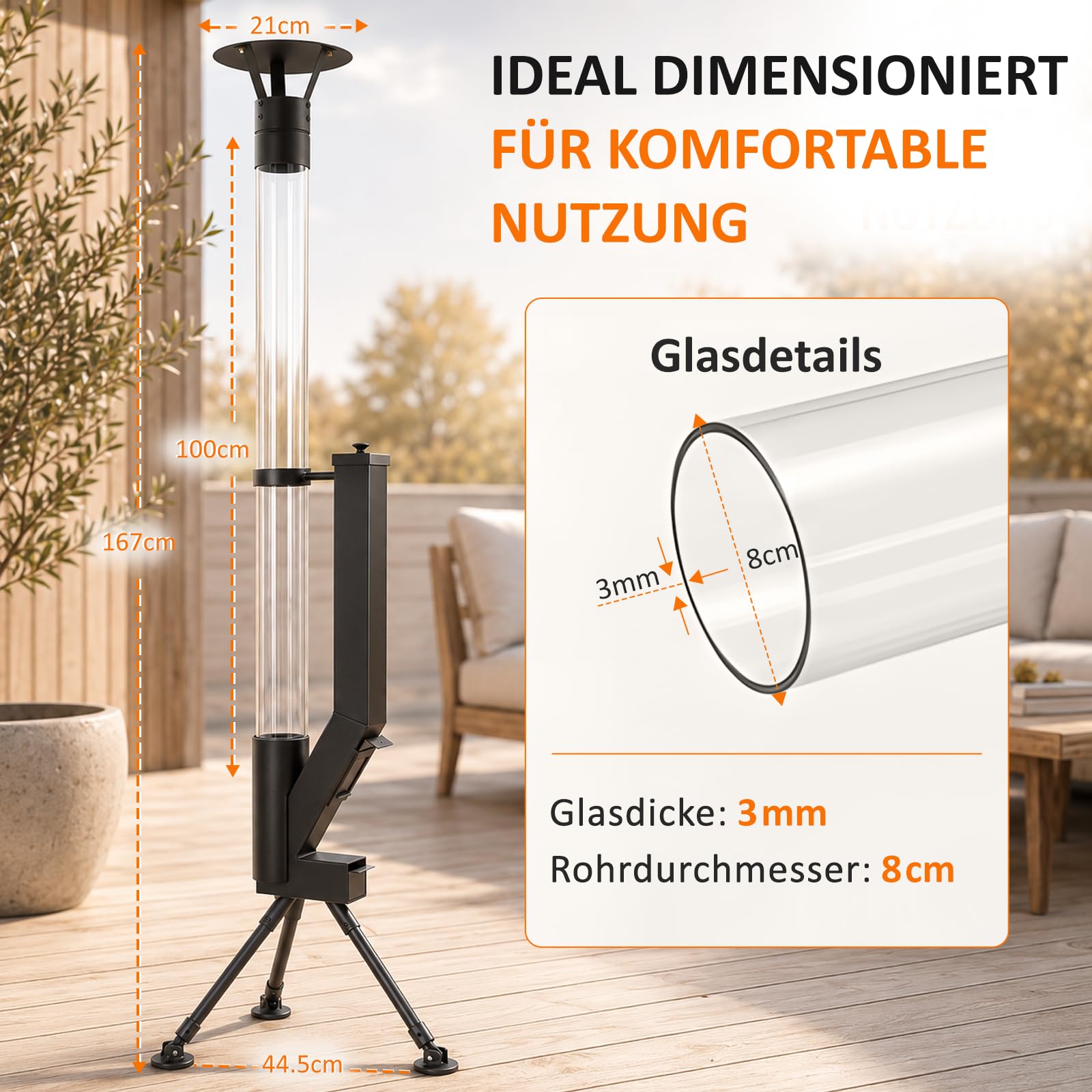 Chauffage de terrasse à granulés avec tube en verre 167 cm