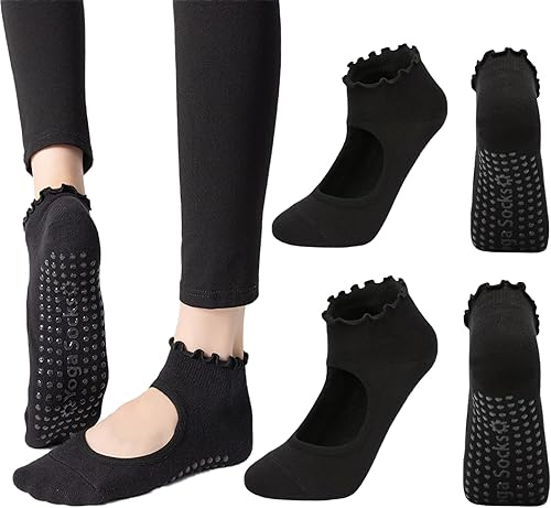 2 pares de calcetines de yoga con volantes antideslizantes con agarre para yoga, pilates, ballet, barre para mujer