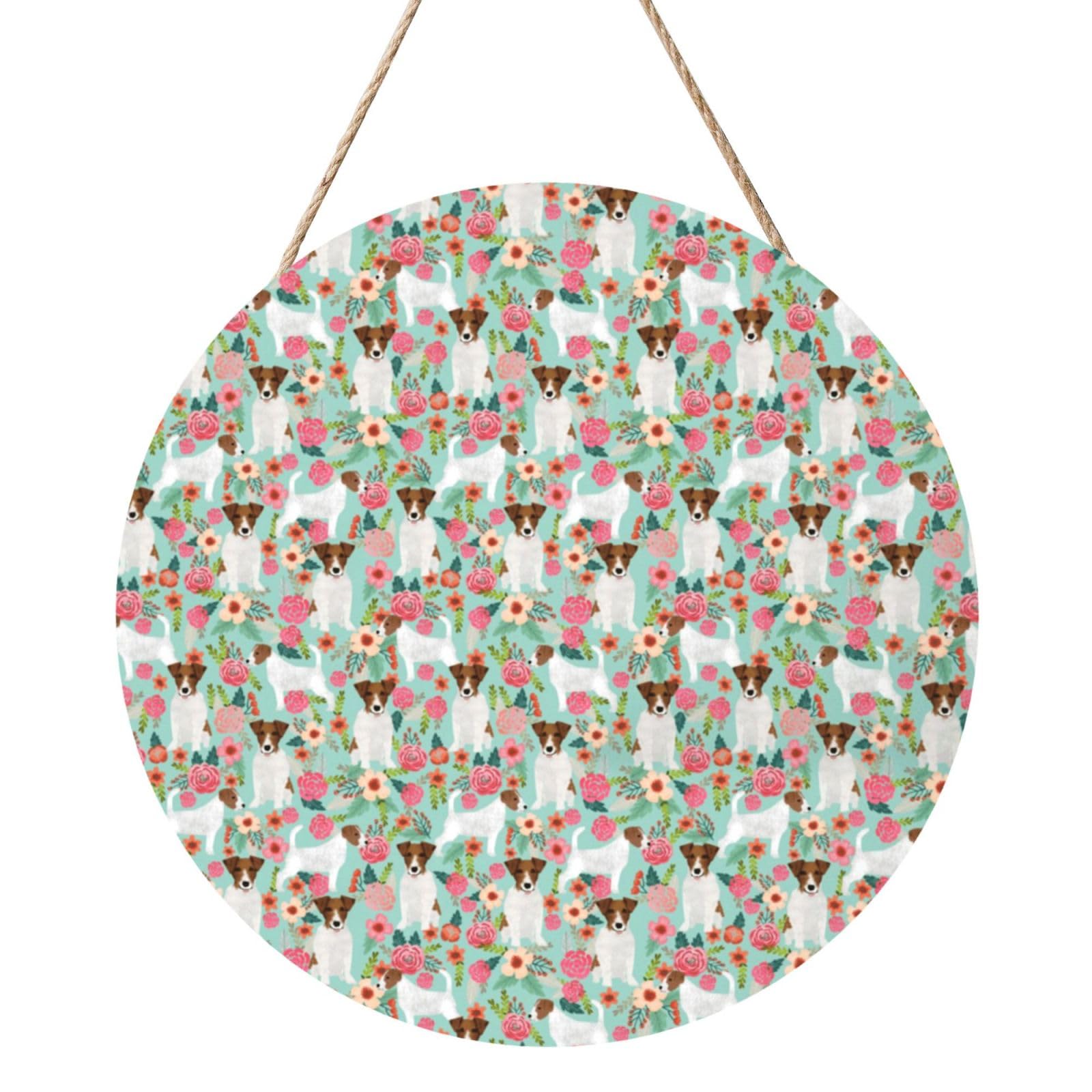 InOmak Jack Russell Terrier Floral, Round Wood Panel Painting 12 in, Wall Hanging Painting For Home