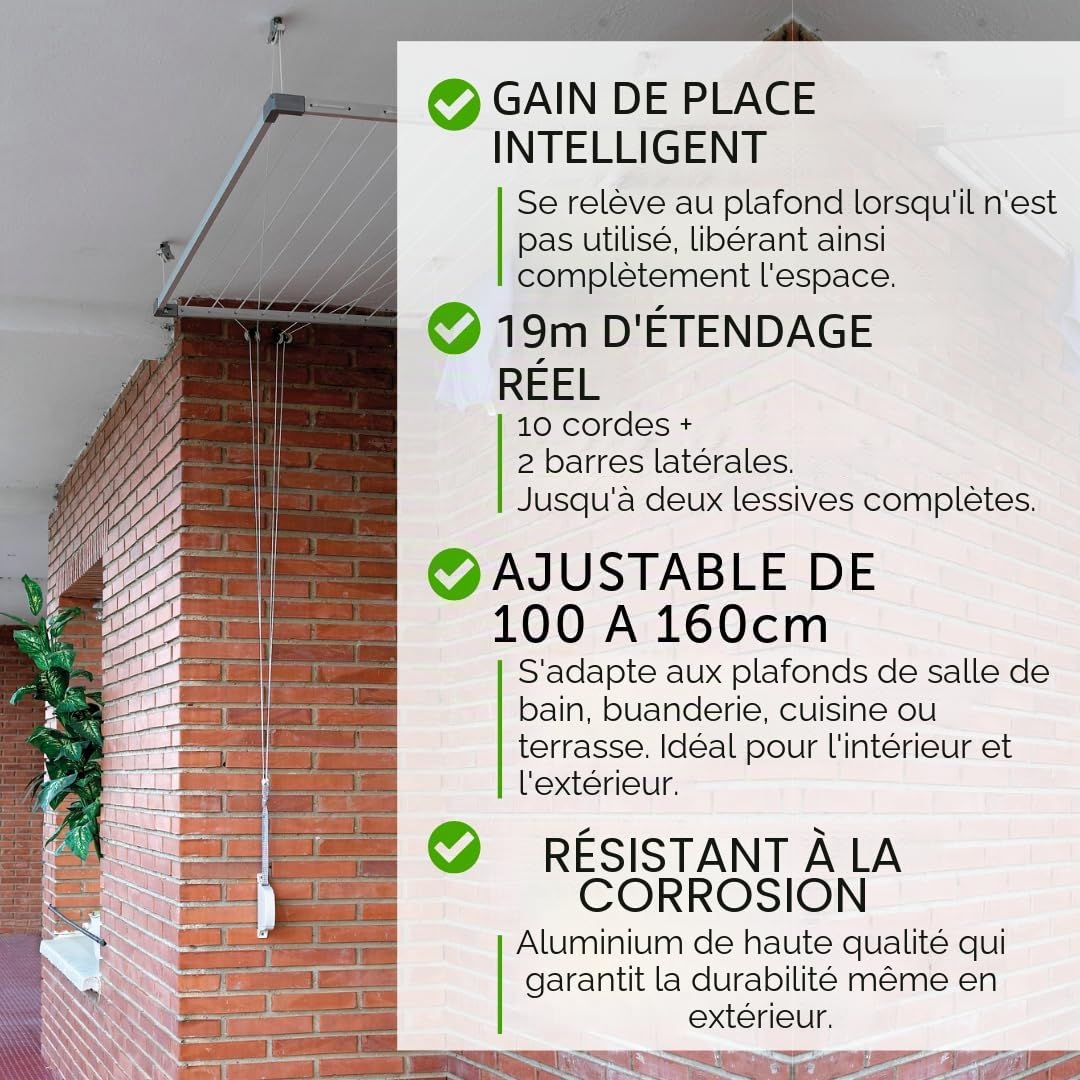 Cuncial - Étendoir à Linge Plafond Télescopique en Aluminium Inoxydable | 10 Cordes - Jusqu’à 19 m d’Étendage | Extensible 100-160 x 78 cm | Intérieur et Extérieur | Système Élévateur | Gain de Place