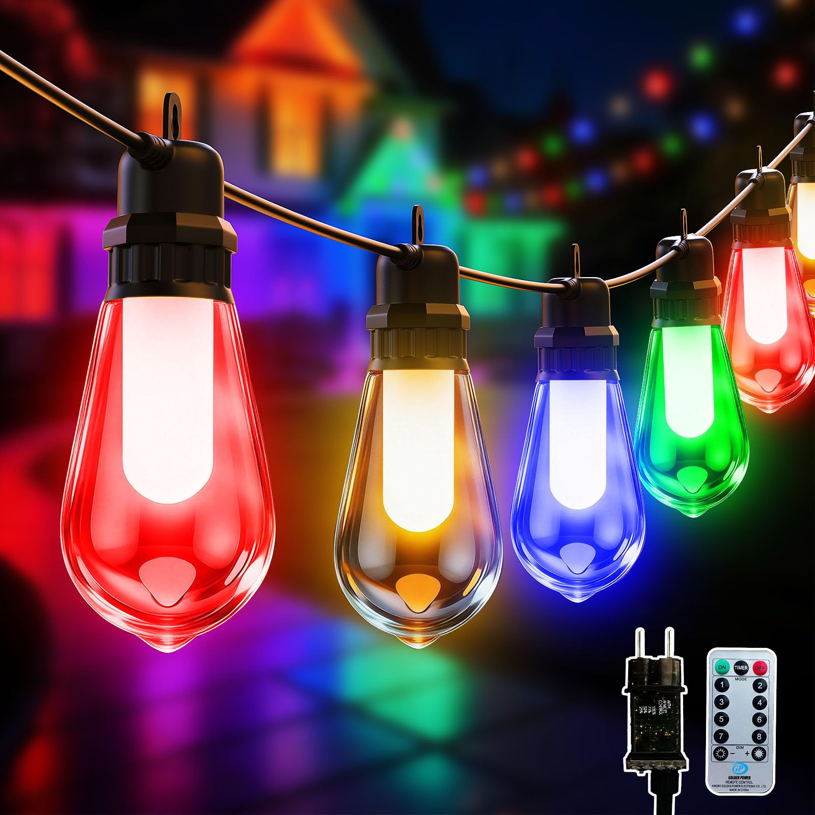 Catena di luci colorate, 13 m, per feste, per esterni, dimmerabile, 20 ST48, lampadine a LED colorate, resistenti alle intemperie, per Natale, gazebo, campeggio, matrimoni, giardino, balcone