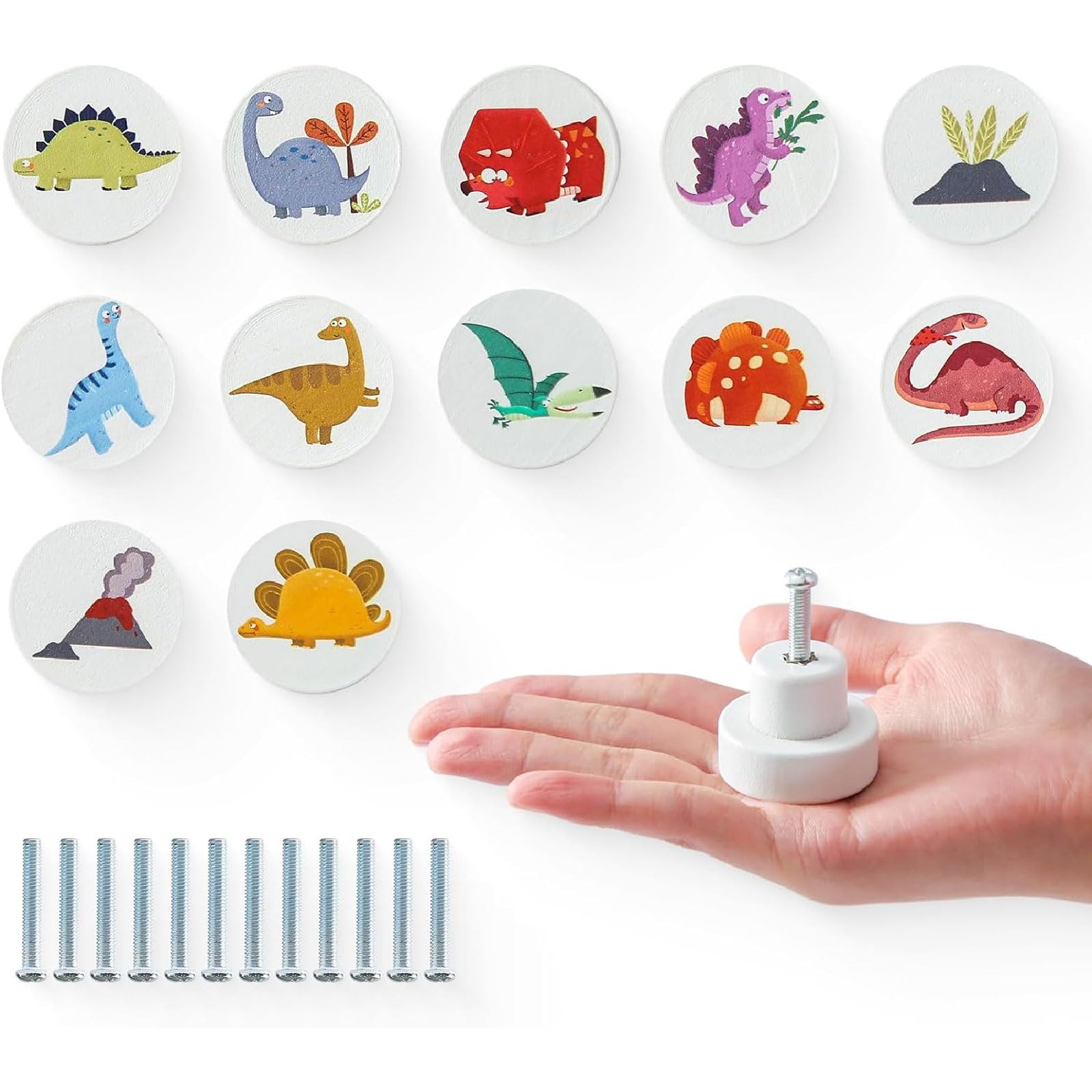 Lot 12 Poignee Tiroir Dinosaures pour Enfants, Chambre d'enfant, Boutons De Meubles Ronds 35 Mm avec Vis, Poignées D'armoire en Bois