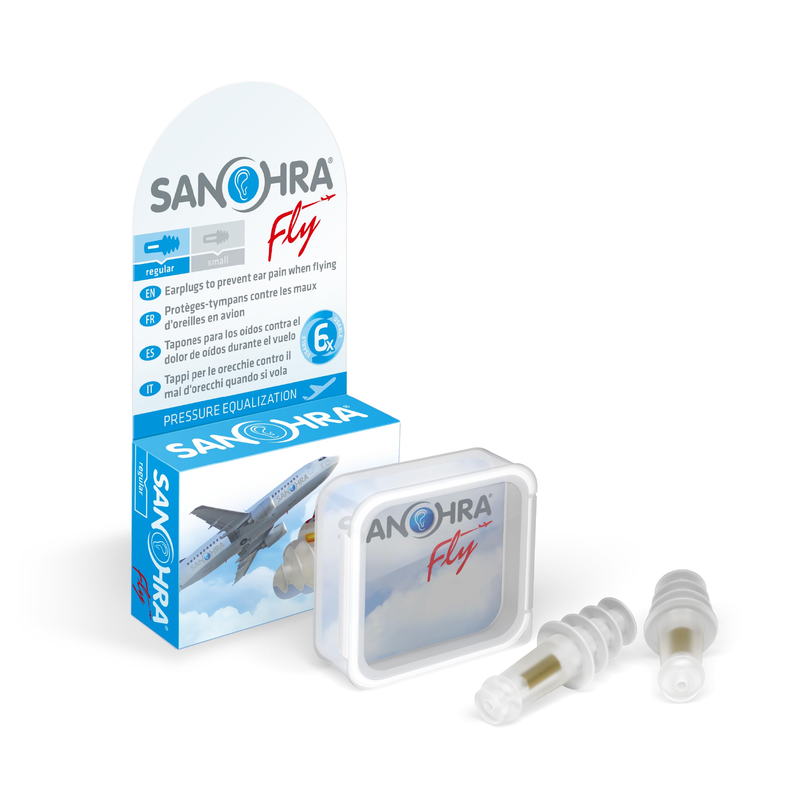 SANOHRAFly earplugs - Painless Flying - earplugs facilitate Pressure Equalization in The Airplane - 24 dB SNR Noise Reduction - Reusable - 1 Pair - for Adults - (US/F/ES/IT) (Regular)