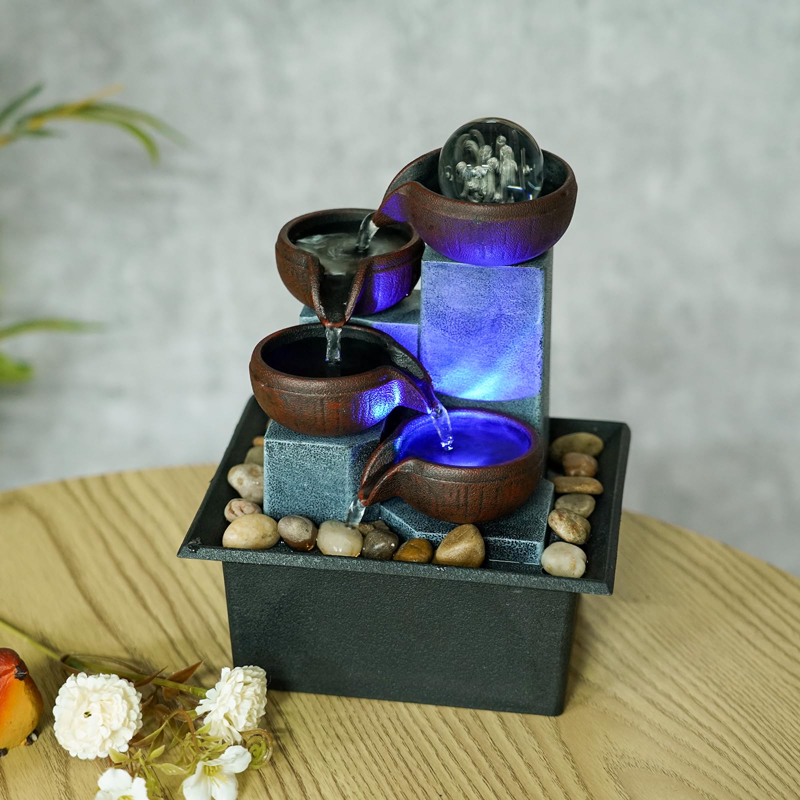 Pequeña fuente de agua para interiores, función de cascada de meditación zen con bomba automática y rocas naturales de río, fuente de cascada de mesa para oficina, sala de estar, dormitorio, 7.4