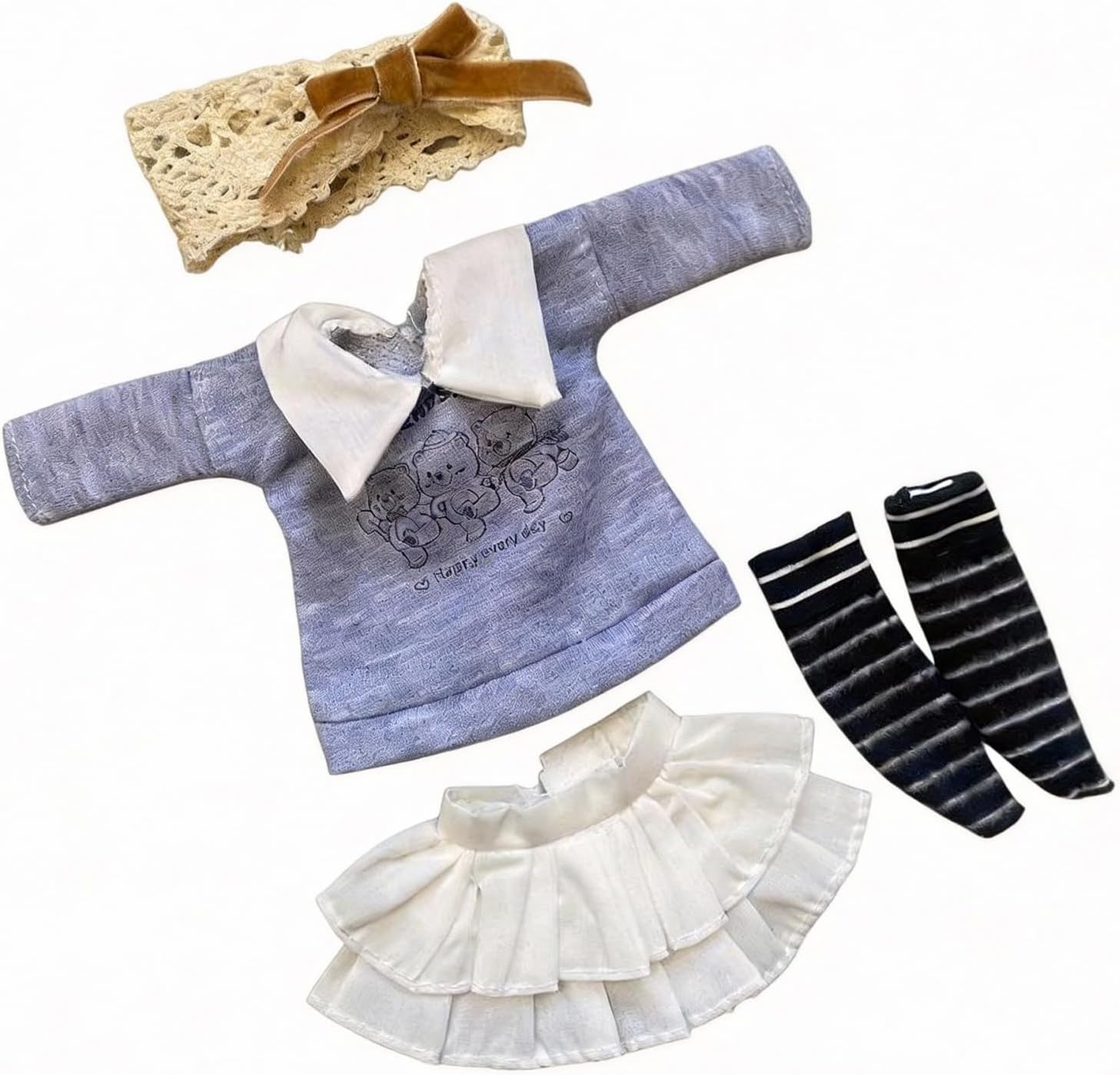 1/6 YoSD BJD Figure Outfit Set for 30cm Collectible – Soft Grey-Blue Sweater, Layered White Skirt & Crochet Headband, Doll Not Included